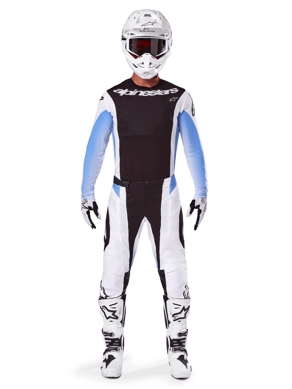 Motocross rider wearing Alpinestars 2025 Techstar Melt Pants, Motocross Pants, Black and Blue, white and black multi-panel design with blue hip accents, worn with matching white jersey, white helmet, white gloves, and boots for a complete off-road racing kit