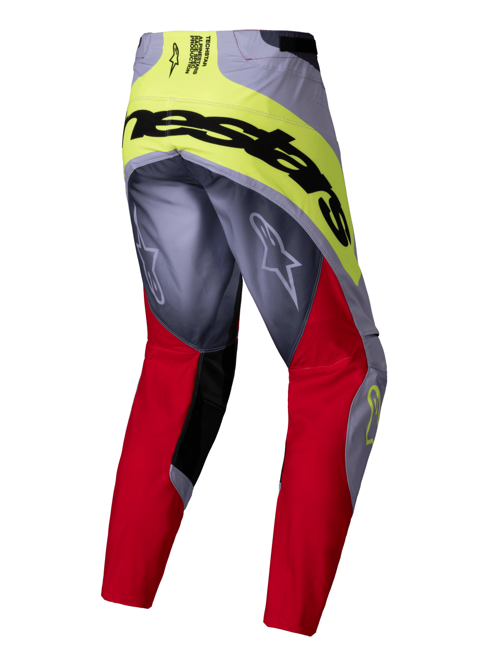 Alpinestars 2025 Techstar Melt Pants, pantalones de motocross, rojo brillante y gris con detalles en amarillo neón, vista trasera que muestra la gran marca Alpinestars en negro en el asiento, logotipos Astars en las piernas, diseño duradero multimaterial para carreras off-road