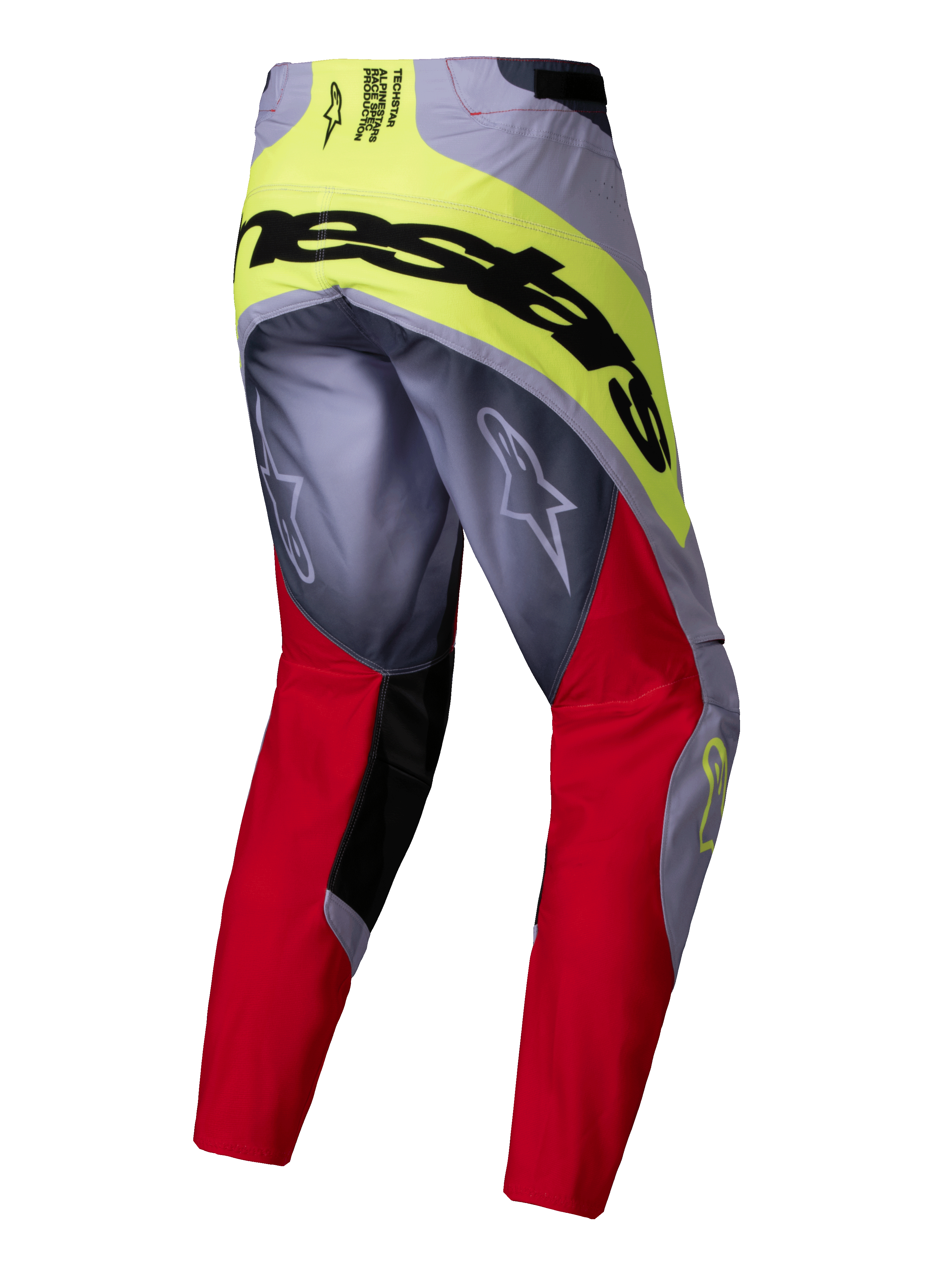 Alpinestars 2025 Techstar Melt Pants, pantalones de motocross, rojo brillante y gris con detalles en amarillo neón, vista trasera que muestra la gran marca Alpinestars en negro en el asiento, logotipos Astars en las piernas, diseño duradero multimaterial para carreras off-road
