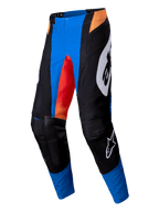 Alpinestars 2025 Techstar Melt Pants, Motocross Pants, Orange and Blue, vibrant blue panels with black reinforced knee sections, orange gradient accents, large white Alpinestars logo on the side, durable textile design for off-road performance