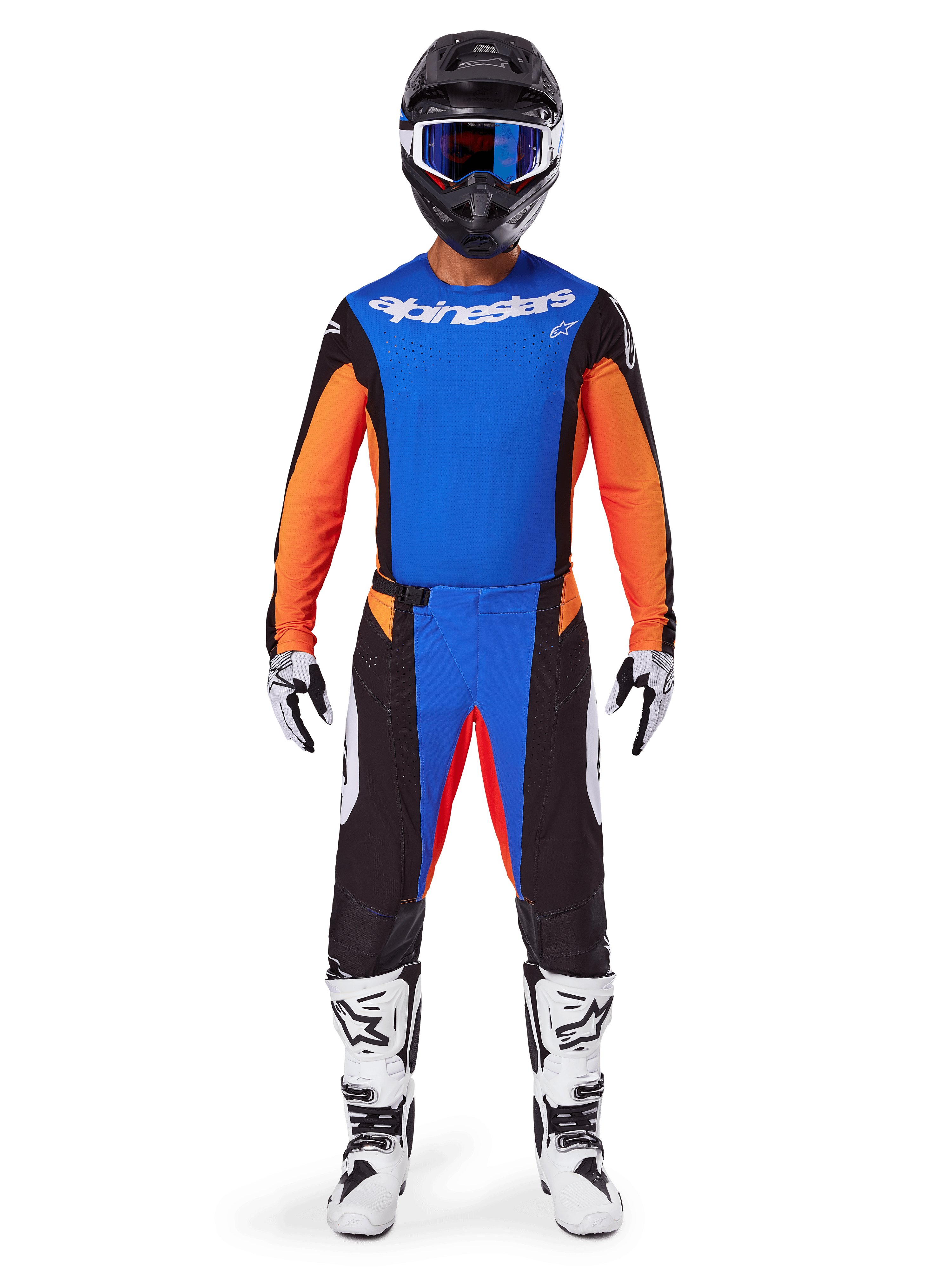 Motocross rider wearing complete racing gear, Alpinestars 2025 Techstar Melt Gear Set, Blue and Orange, blue jersey with orange sleeves, matching pants with white logos, black helmet with blue goggles, white and black boots and gloves, coordinated outfit for off-road racing