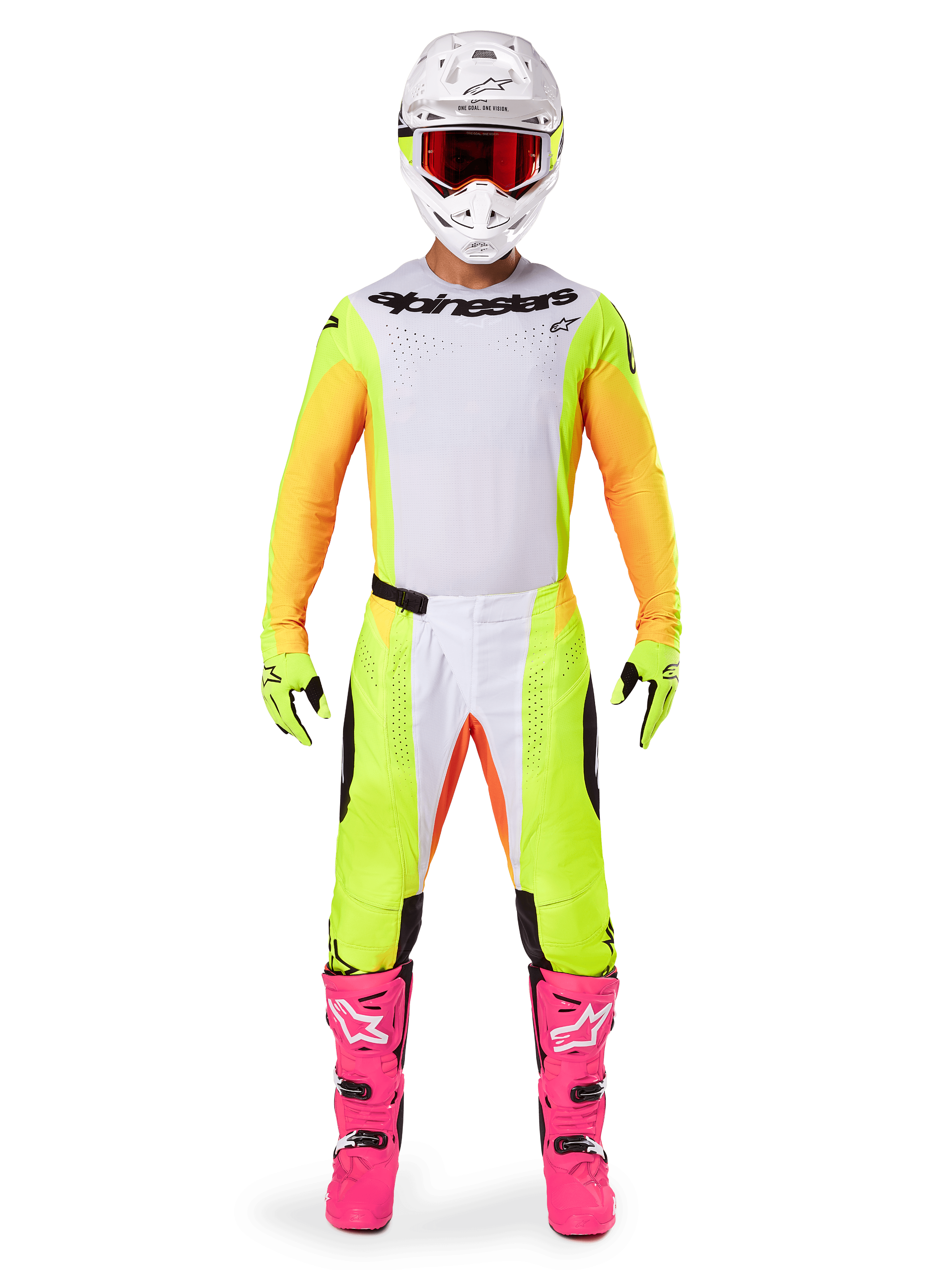Motocross rider wearing the Alpinestars 2025 Techstar Melt Gear Set, white jersey with yellow and orange sleeves, neon yellow pants with white and orange accents, white helmet with red goggles, bright pink boots, and neon yellow gloves, complete racing outfit for off-road competition