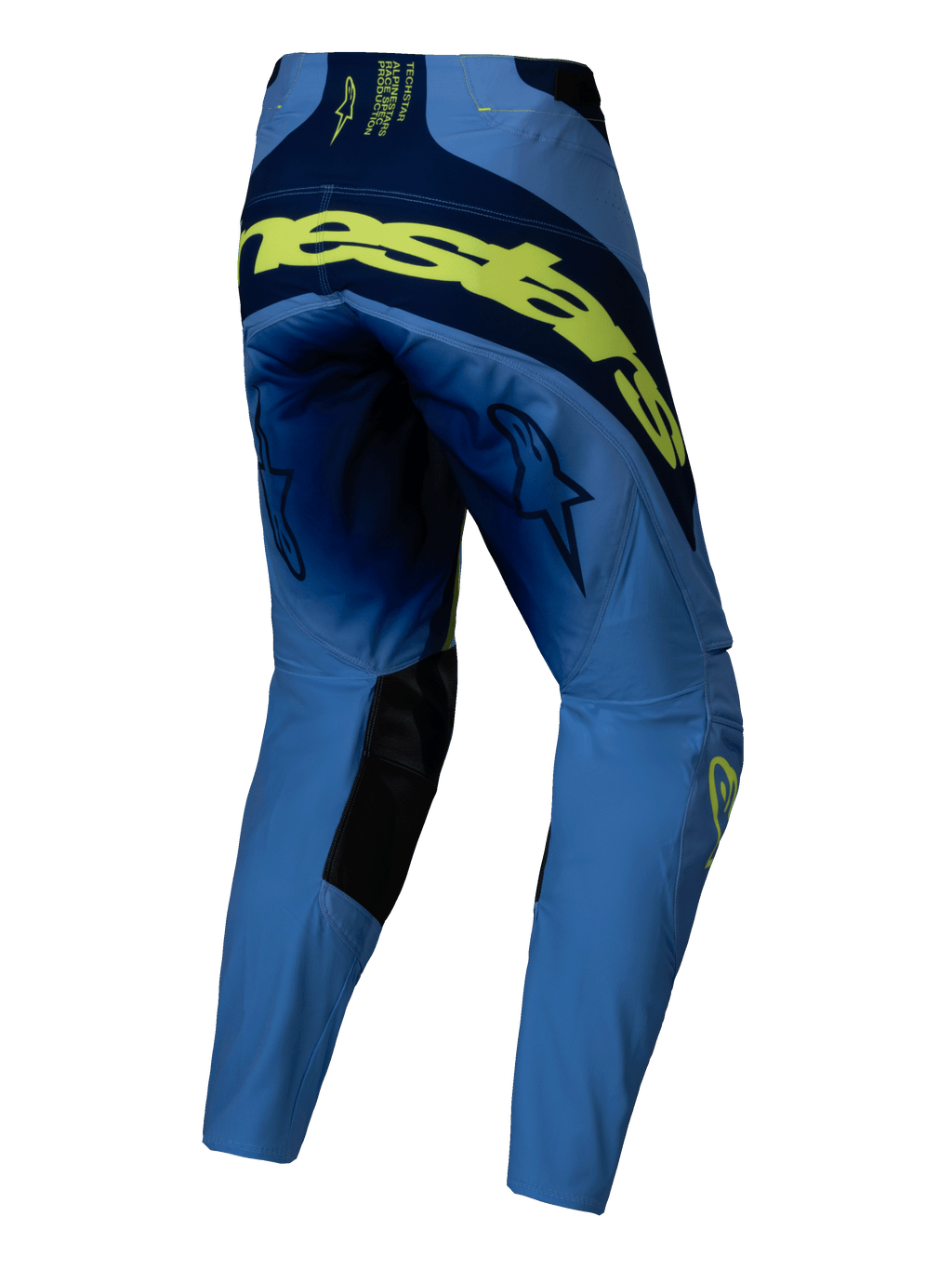 Alpinestars Techstar Melt Pants 2025, pantalones de motocross, amarillo flúor y azul, vista trasera con gran logotipo en amarillo fluorescente en la parte posterior, paneles azul marino, logos de estrella en los muslos y refuerzos interiores negros en las rodillas