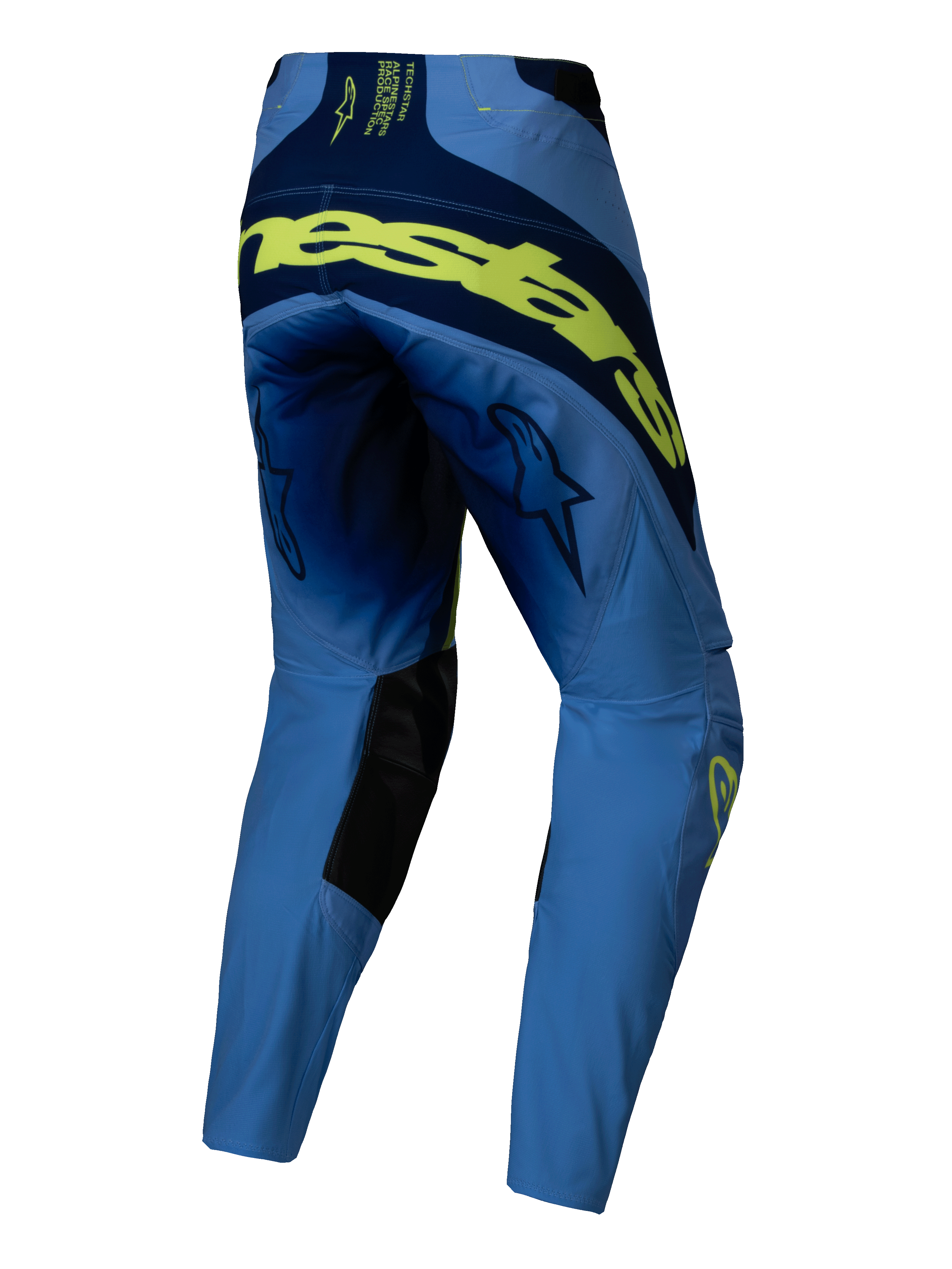 Alpinestars Techstar Melt Pants 2025, pantalones de motocross, amarillo flúor y azul, vista trasera con gran logotipo en amarillo fluorescente en la parte posterior, paneles azul marino, logos de estrella en los muslos y refuerzos interiores negros en las rodillas