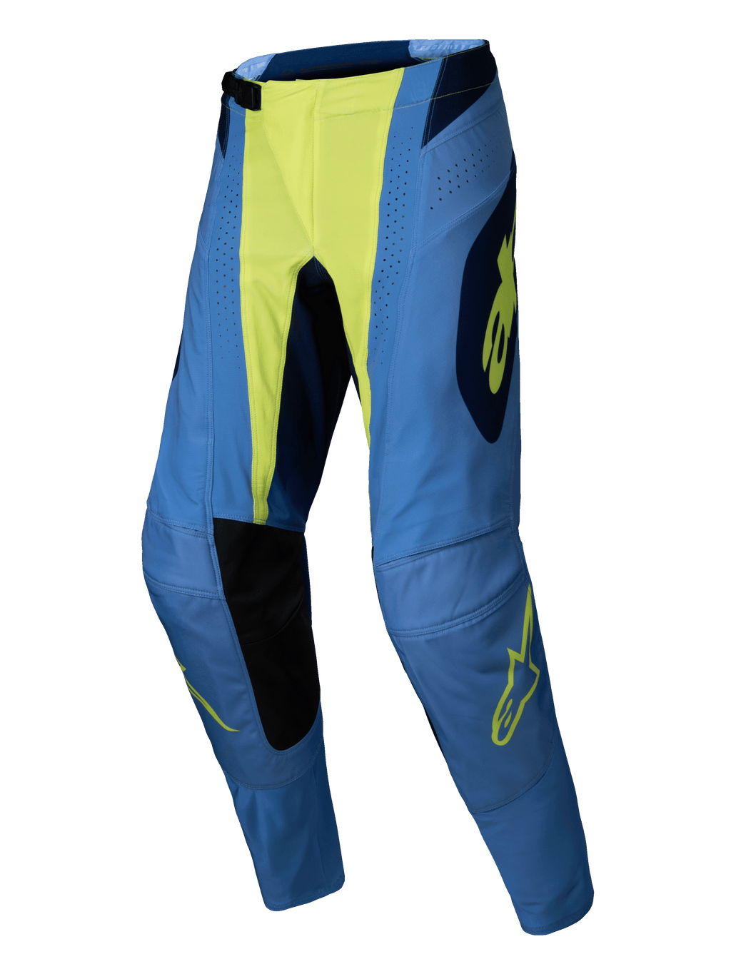 Alpinestars 2025 Techstar Melt Pants, pantalones de motocross, amarillo flúor azul, azul con centro amarillo neón y detalles del logo, paneles interiores de las rodillas en negro, perforaciones láser y ajuste atlético de competición para rendimiento todoterreno