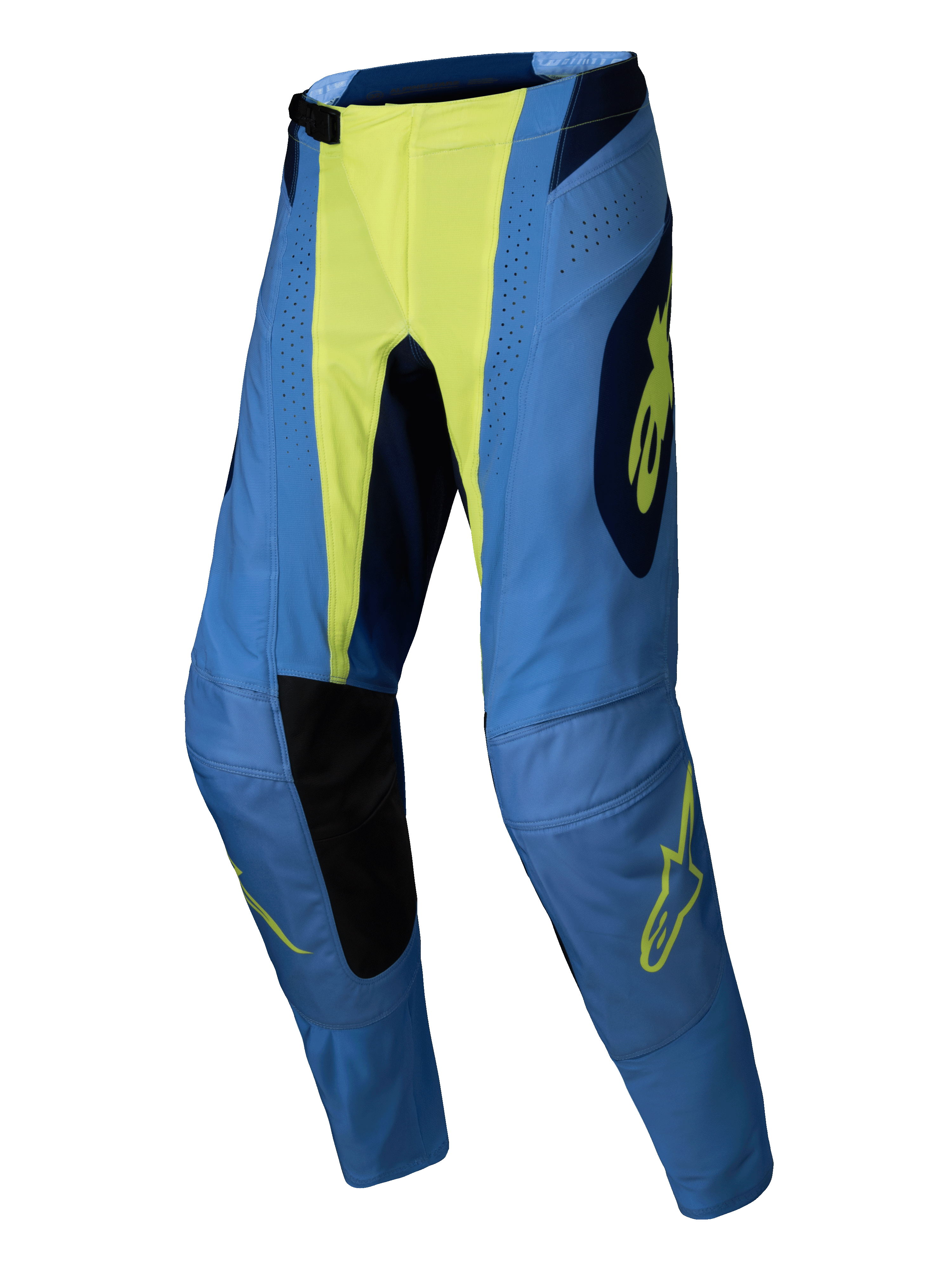 Alpinestars 2025 Techstar Melt Pants, pantalones de motocross, amarillo flúor azul, azul con centro amarillo neón y detalles del logo, paneles interiores de las rodillas en negro, perforaciones láser y ajuste atlético de competición para rendimiento todoterreno