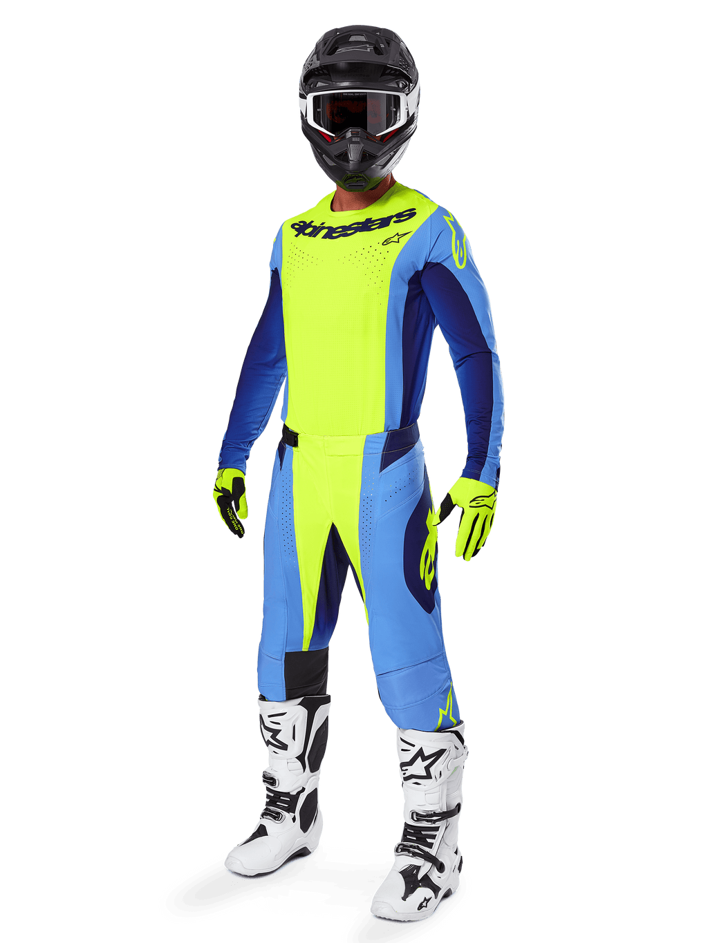 Alpinestars Techstar Melt Gear Set 2025, conjunto completo de motocross, amarillo neón y azul, casco negro con gafas, guantes amarillos y negros, botas blancas y negras, equipo integral de MX