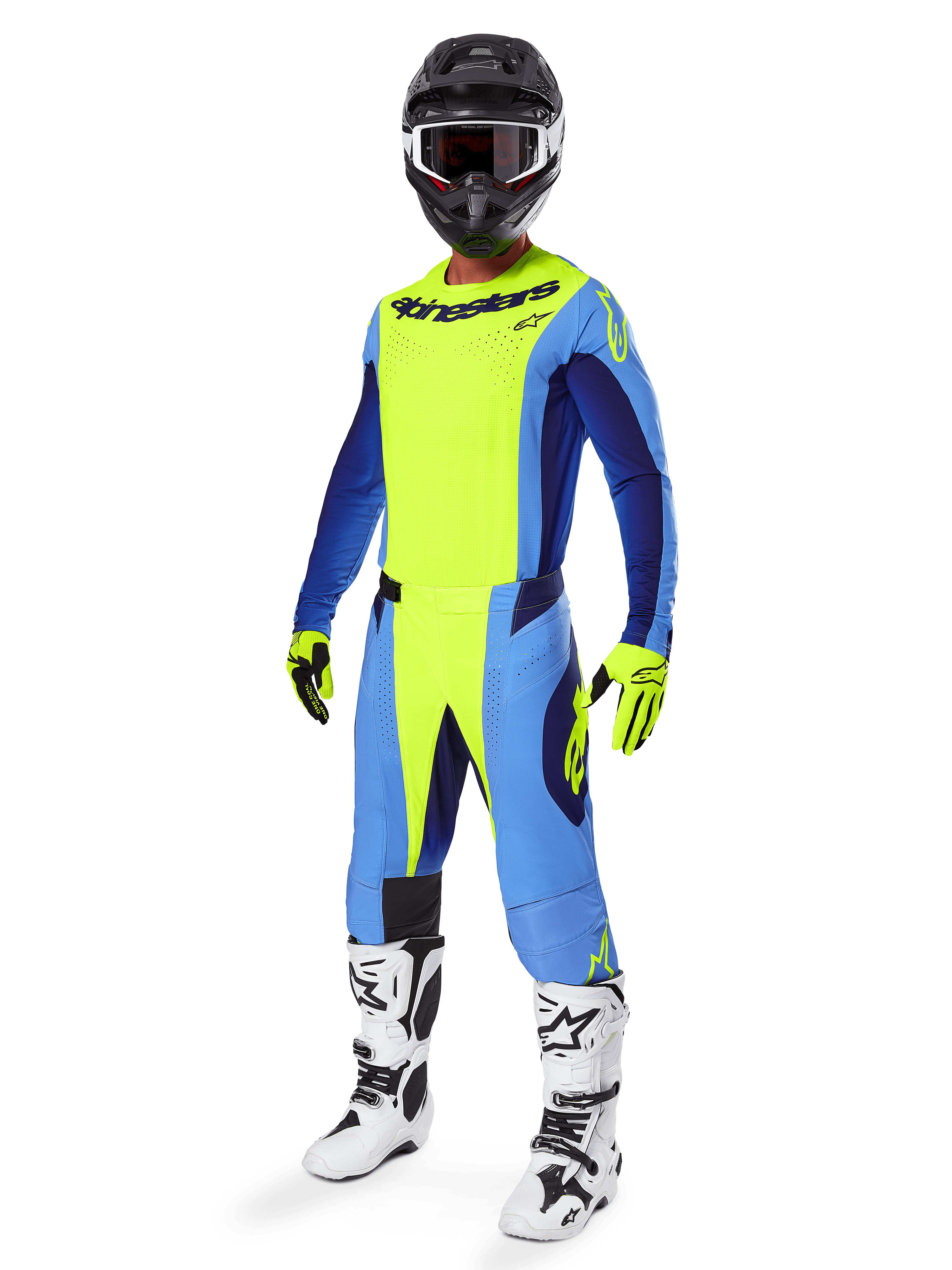Alpinestars Techstar Melt Gear Set 2025, conjunto completo de motocross, amarillo neón y azul, casco negro con gafas, guantes amarillos y negros, botas blancas y negras, equipo integral de MX