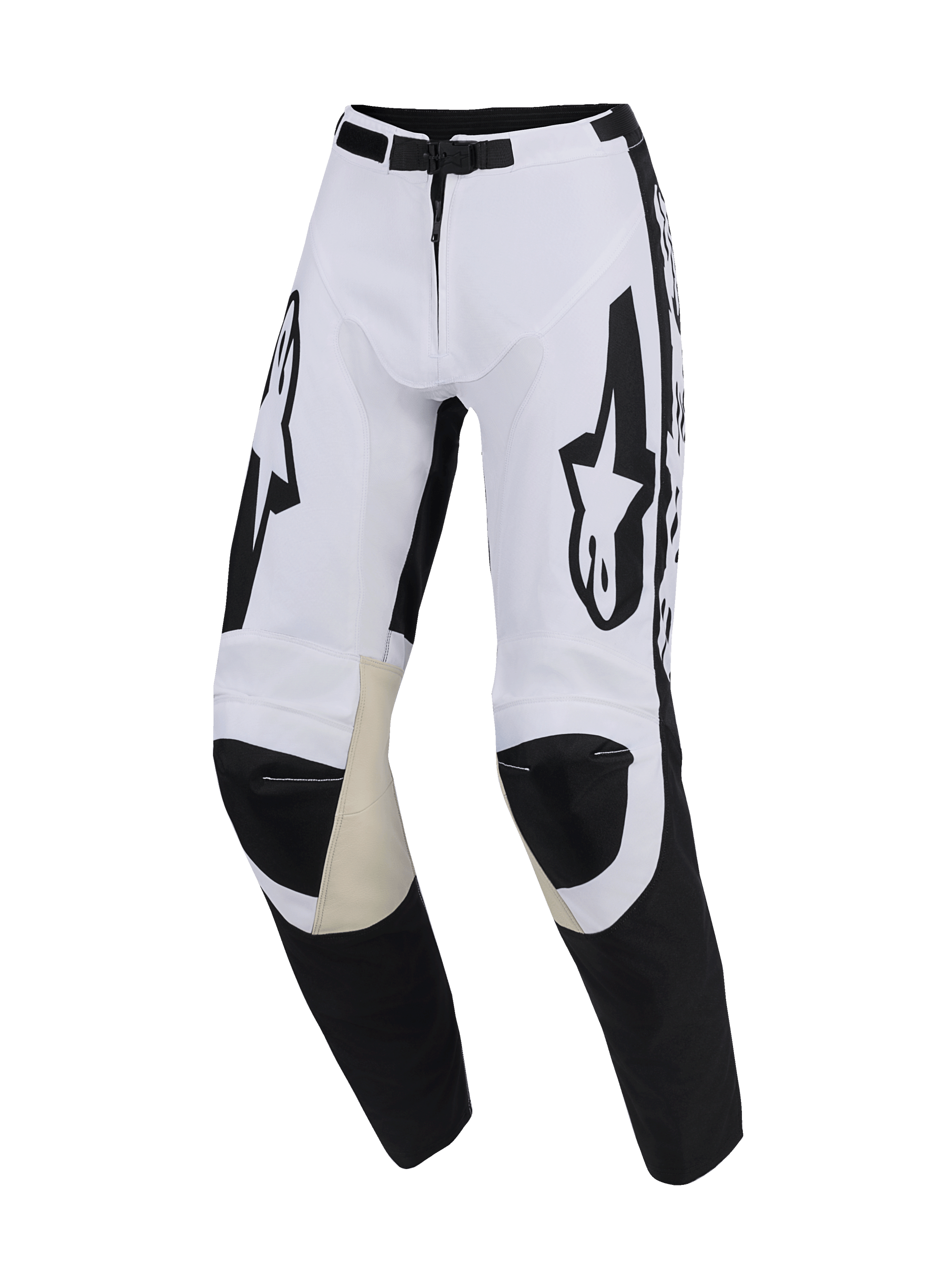 Alpinestars 2026 Racer Riway Pants, pantalones de motocross, blancos y negros, con paneles internos de las rodillas en cuero de cabra color canela, grandes logos de Alpinestars negros en los muslos, cierre magnético y diseño deportivo precurvado para conducción todoterreno