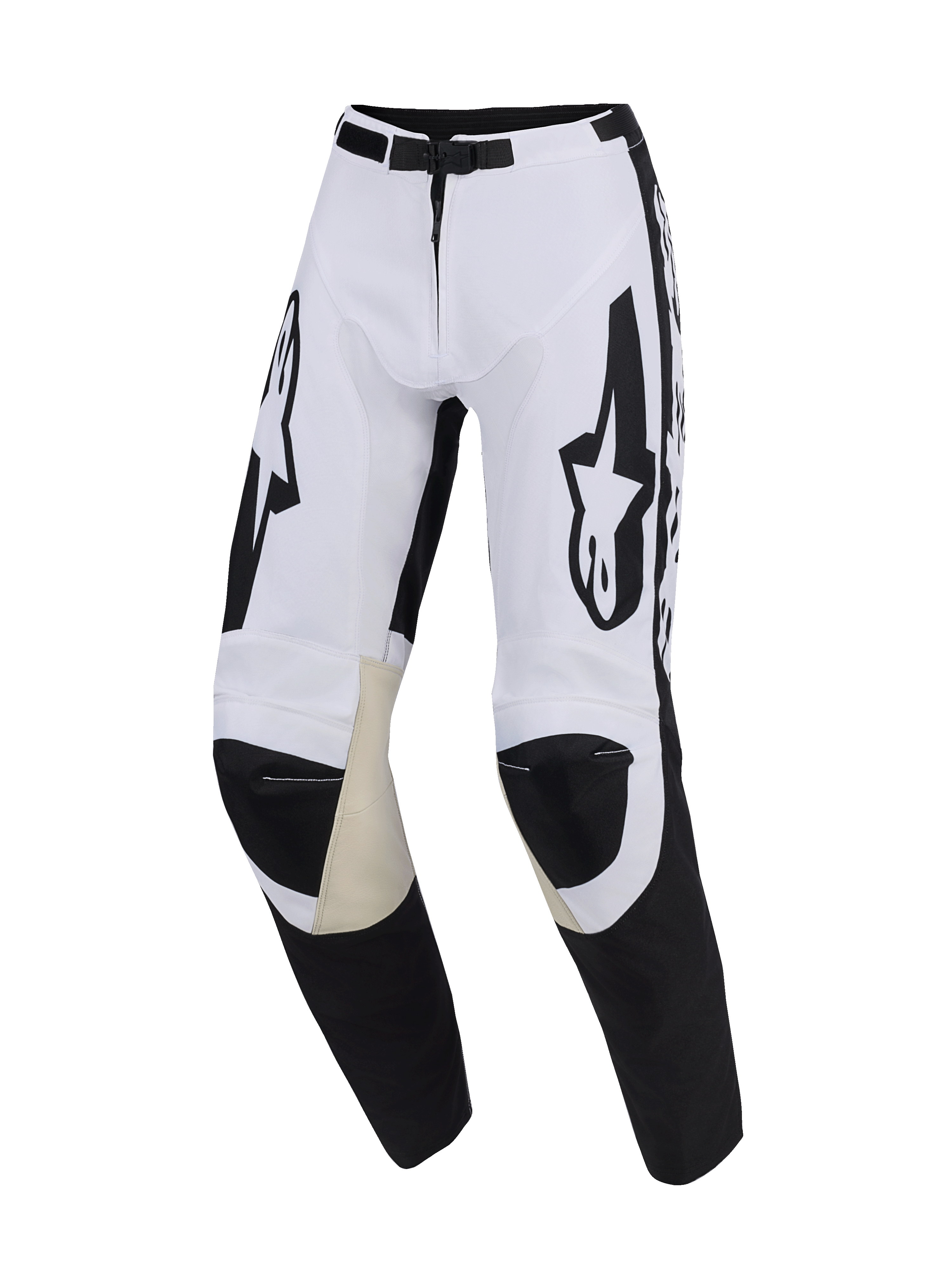 Alpinestars 2026 Racer Riway Pants, pantalones de motocross, blancos y negros, con paneles internos de las rodillas en cuero de cabra color canela, grandes logos de Alpinestars negros en los muslos, cierre magnético y diseño deportivo precurvado para conducción todoterreno