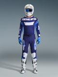 Alpinestars 2026 Racer Riway Gear Set, full motocross racing gear, Navy Blue and Light Blue jersey with white 'astars' text, matching pants with white accents, white helmet with blue goggles, and white off-road boots.