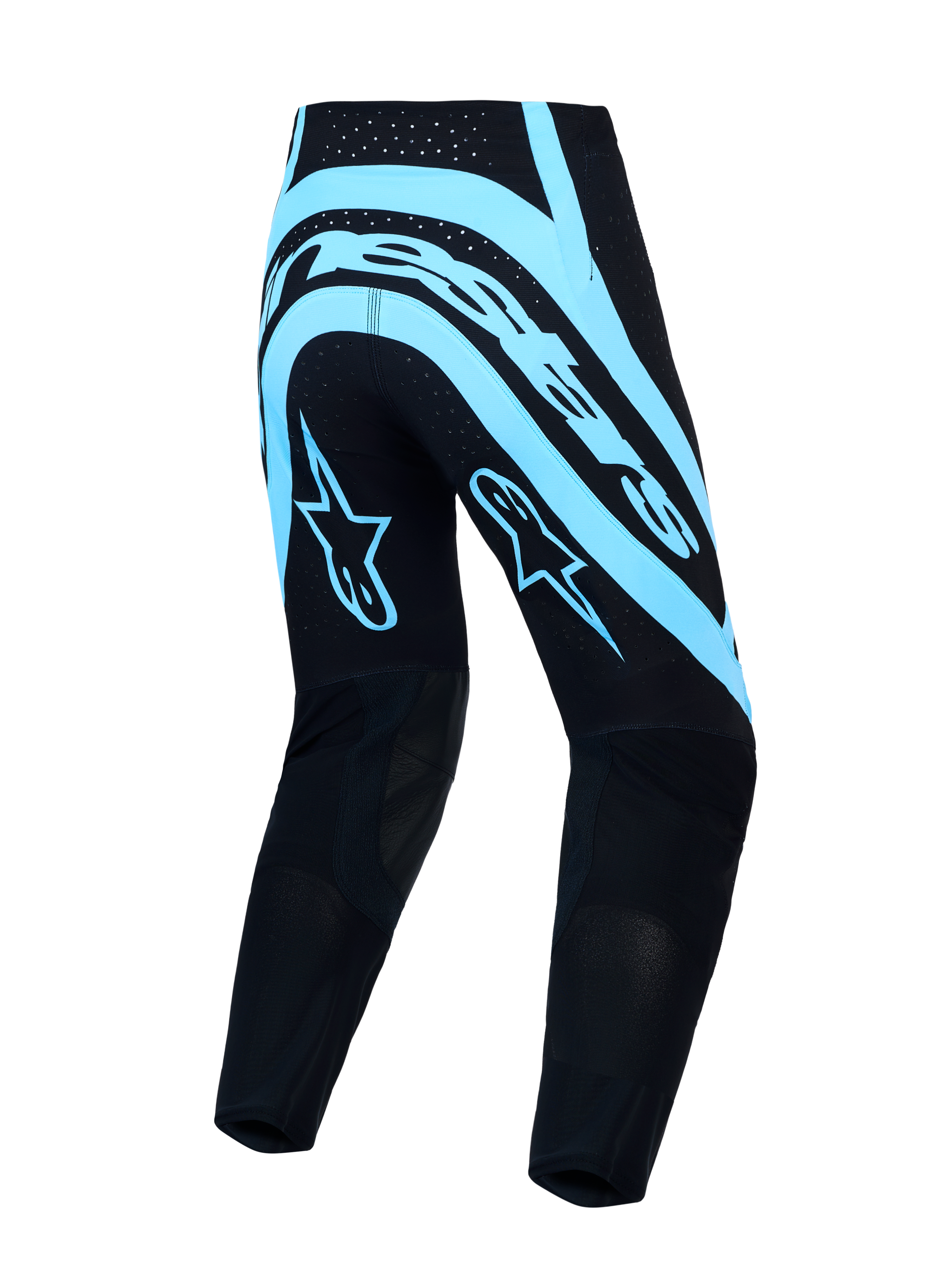 Alpinestars Supertech Vesta, pantalones de motocross para hombre, negros y turquesa, tejido rip-stop elástico, vista trasera
