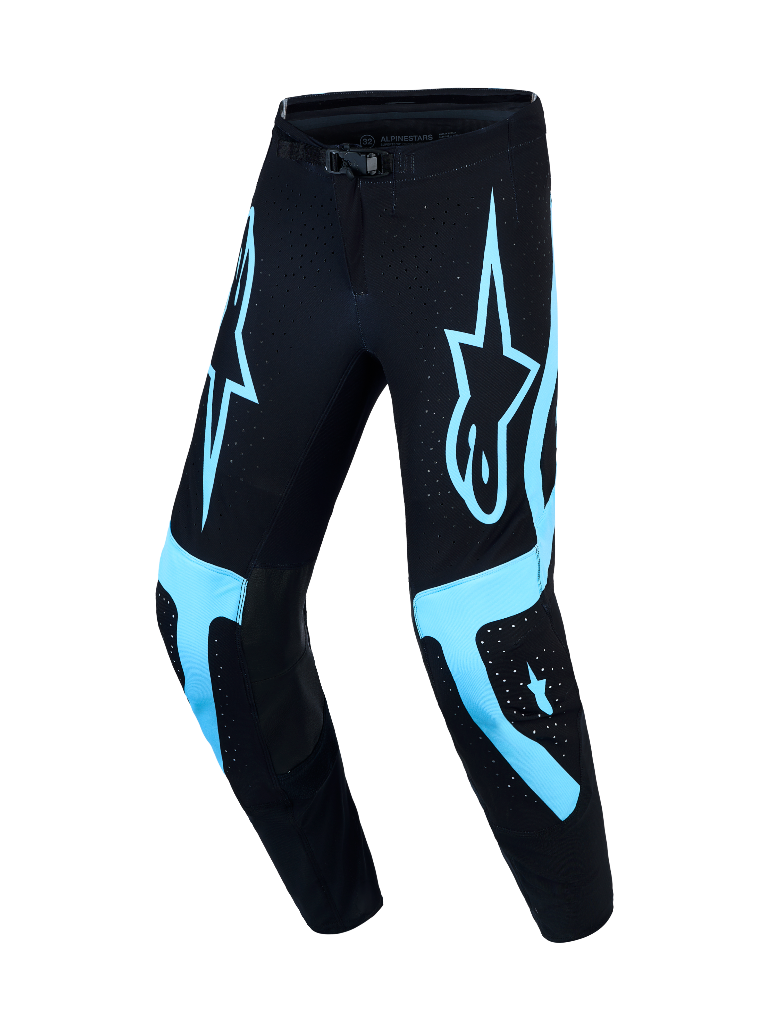 Alpinestars Supertech Vesta, pantalones de motocross para hombre, talla 32, negros y turquesa, tejido rip-stop y ajuste atlético