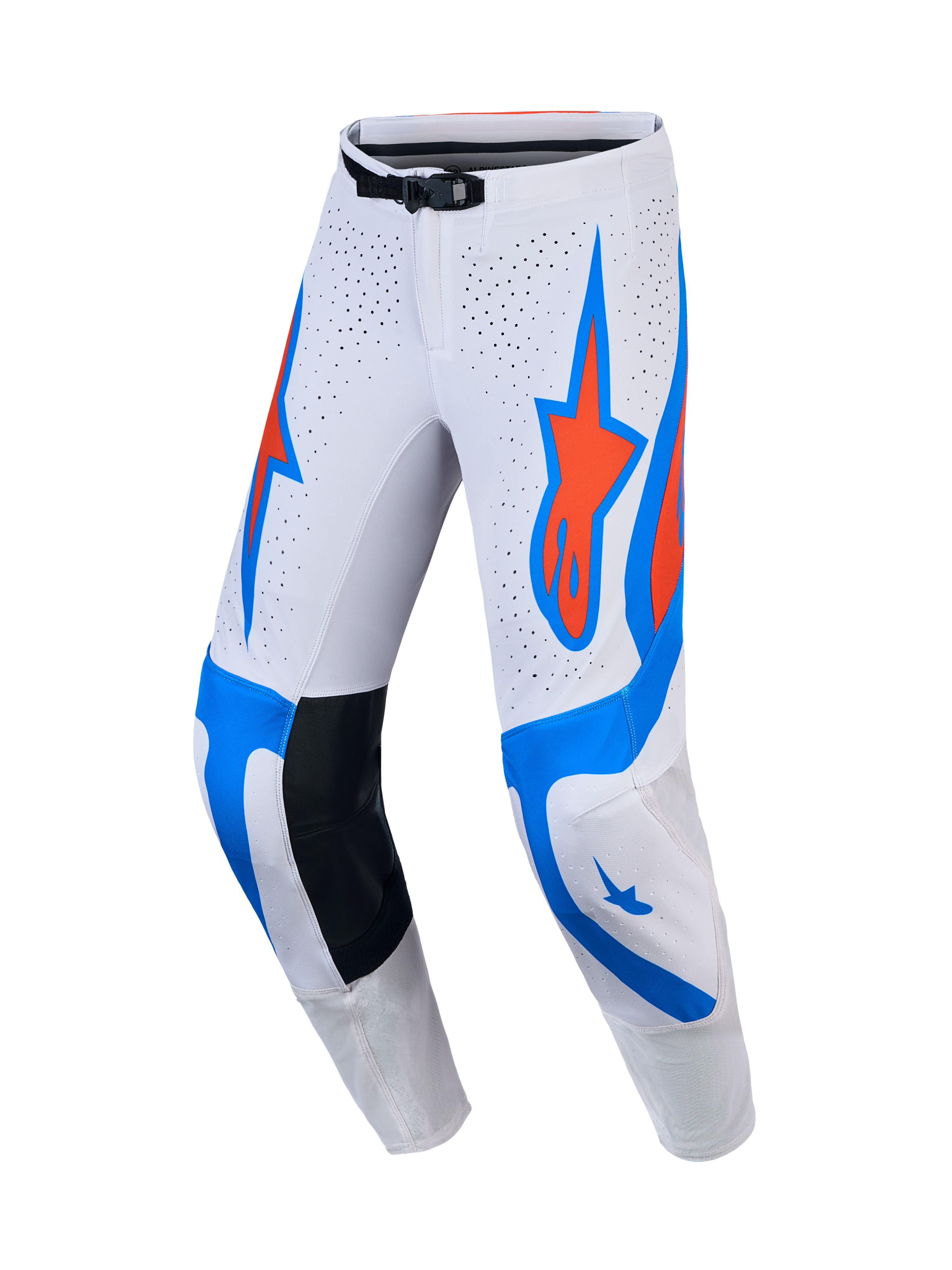 Alpinestars Supertech Vesta, pantalones de motocross para hombre, blanco, lila claro y rojo cardinal con paneles perforados.