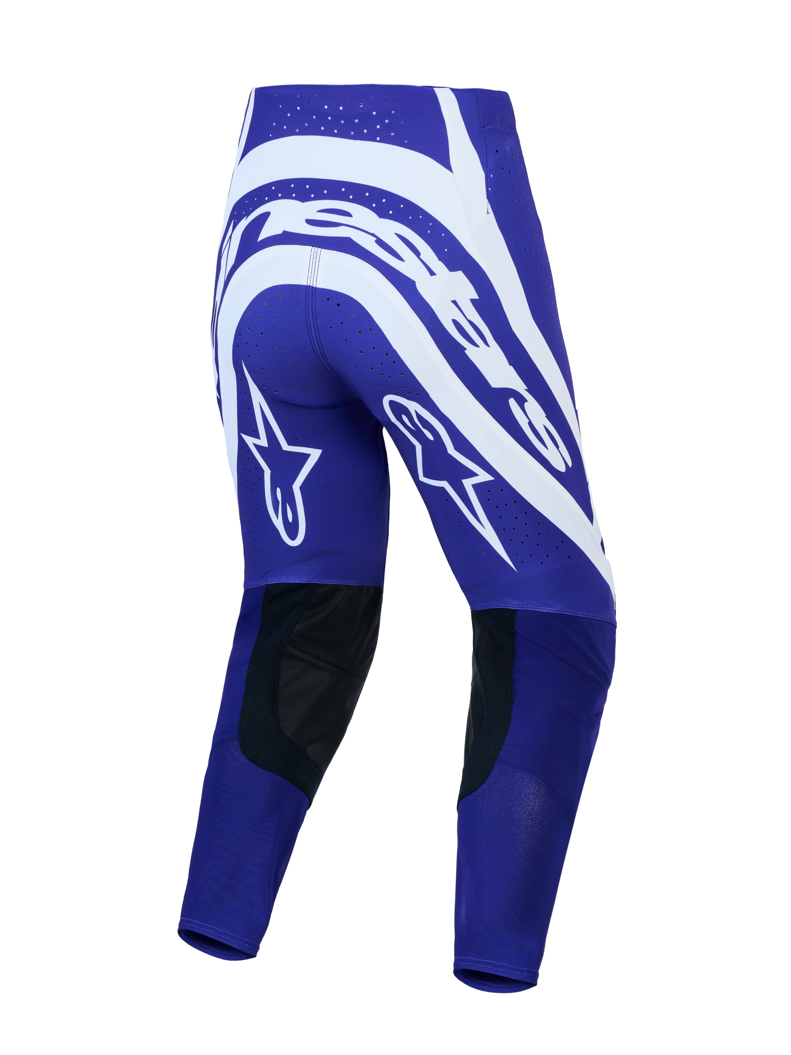 Pantalones Alpinestars Supertech Vesta, motocross para hombre, azules y blancos, vista trasera con estrellas y cuero.