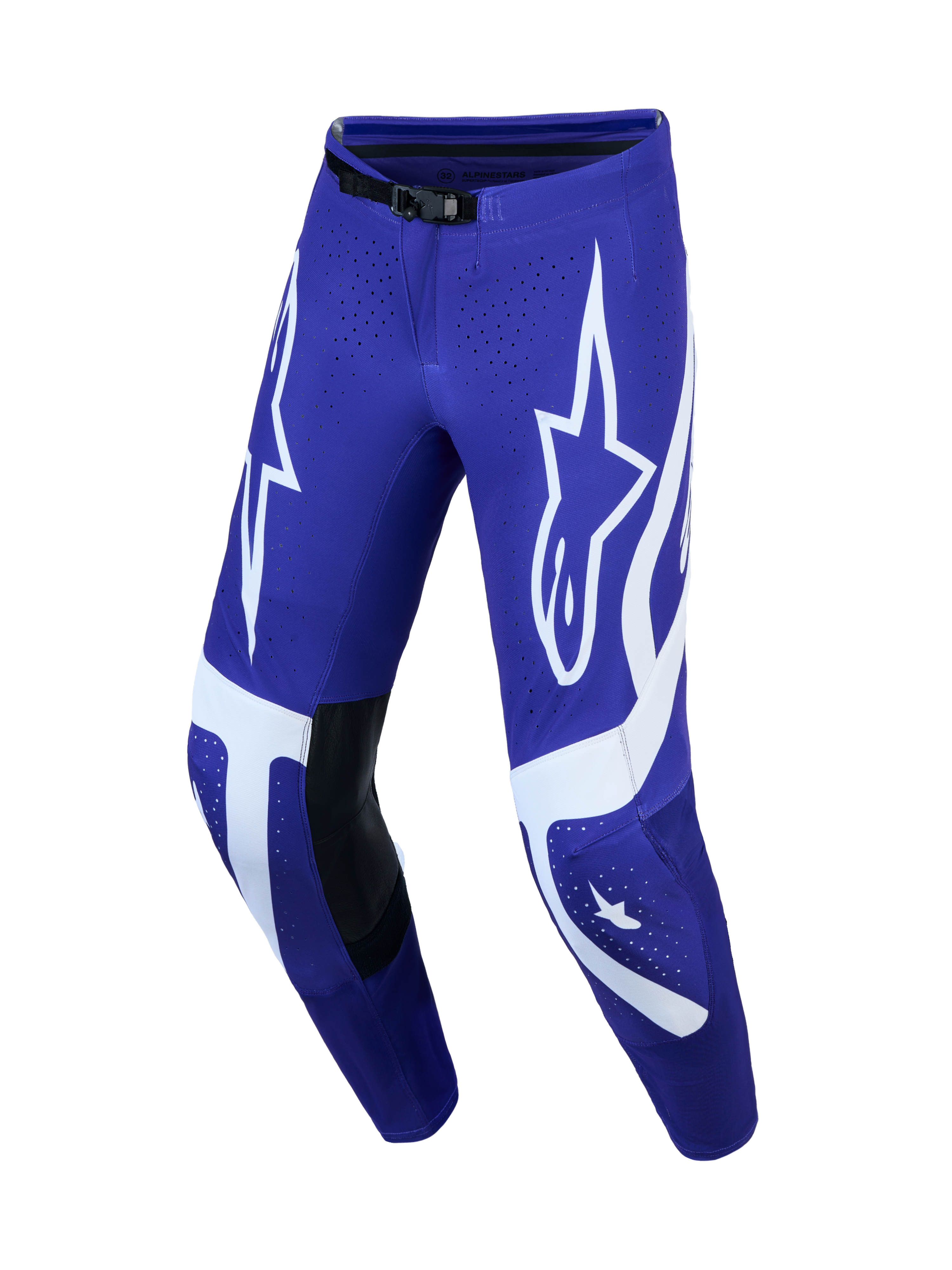 Alpinestars Supertech Vesta, pantalones de motocross para hombre, azul y blanco, paneles de cuero y gráficos de estrella.