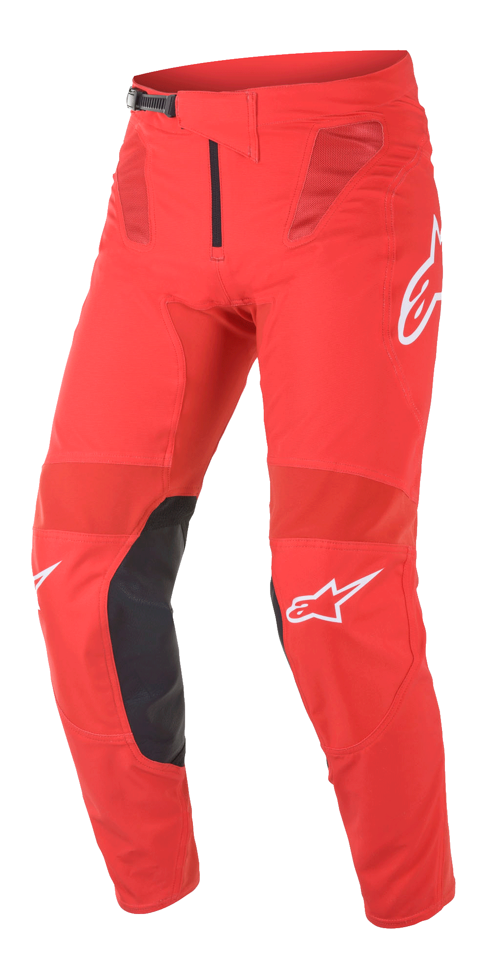 Alpinestars Supertech Blaze Pants, pantalones de motocross, en rojo brillante y negro, con paneles de ventilación de malla, refuerzos internos de cuero negro en la rodilla, logotipos A-star en blanco y hebilla de trinquete ajustable en la cintura para conducción off-road de alto rendimiento