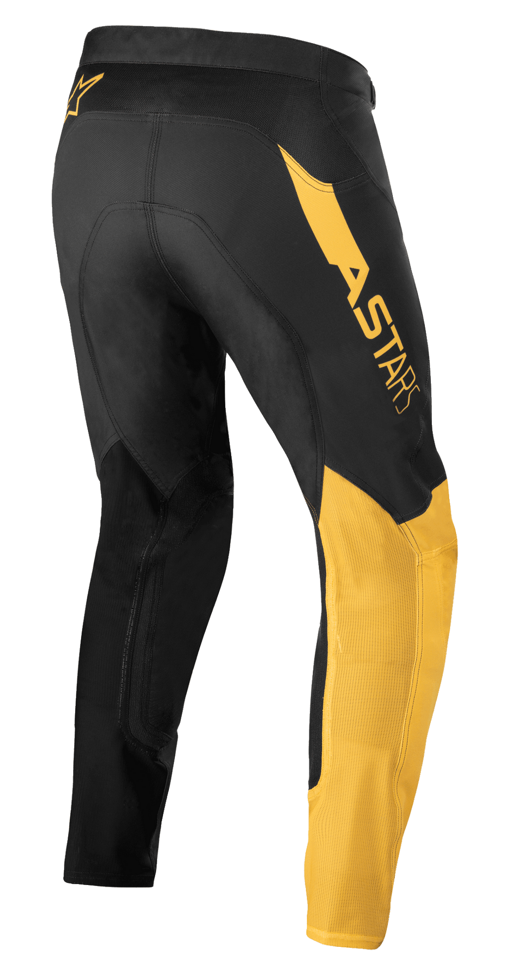 Alpinestars Supertech Blaze Pants, pantalones de motocross, negro y amarillo cálido, vista lateral trasera, con el logotipo 'ASTARS' destacado en la cadera, paneles amarillos en la pierna y tejido elástico técnico para rendimiento off-road