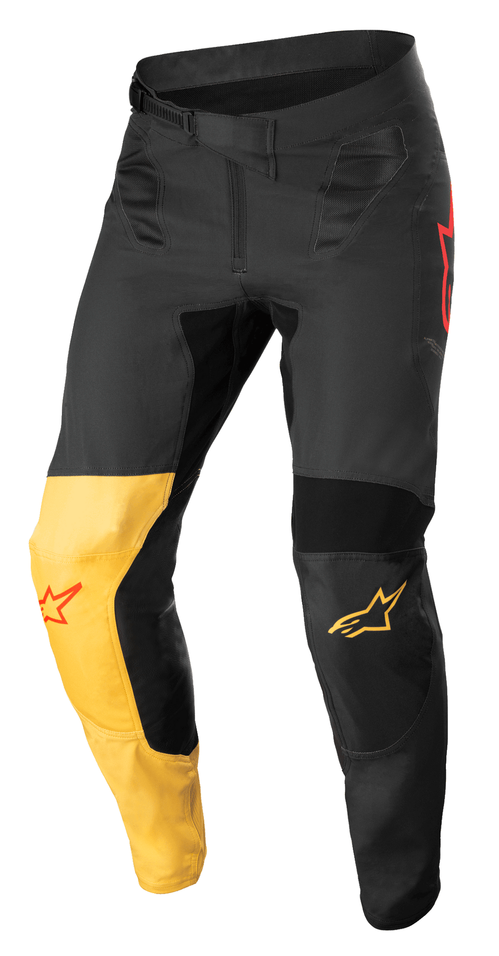 Alpinestars Supertech Blaze Pants, pantalones de motocross, negros, amarillo cálido y rojo flúor, con un panel de rodilla amarillo distintivo, detalles del logo de estrella en rojo, cierre de cintura con trinquete seguro y paneles protectores reforzados para rendimiento todoterreno.
