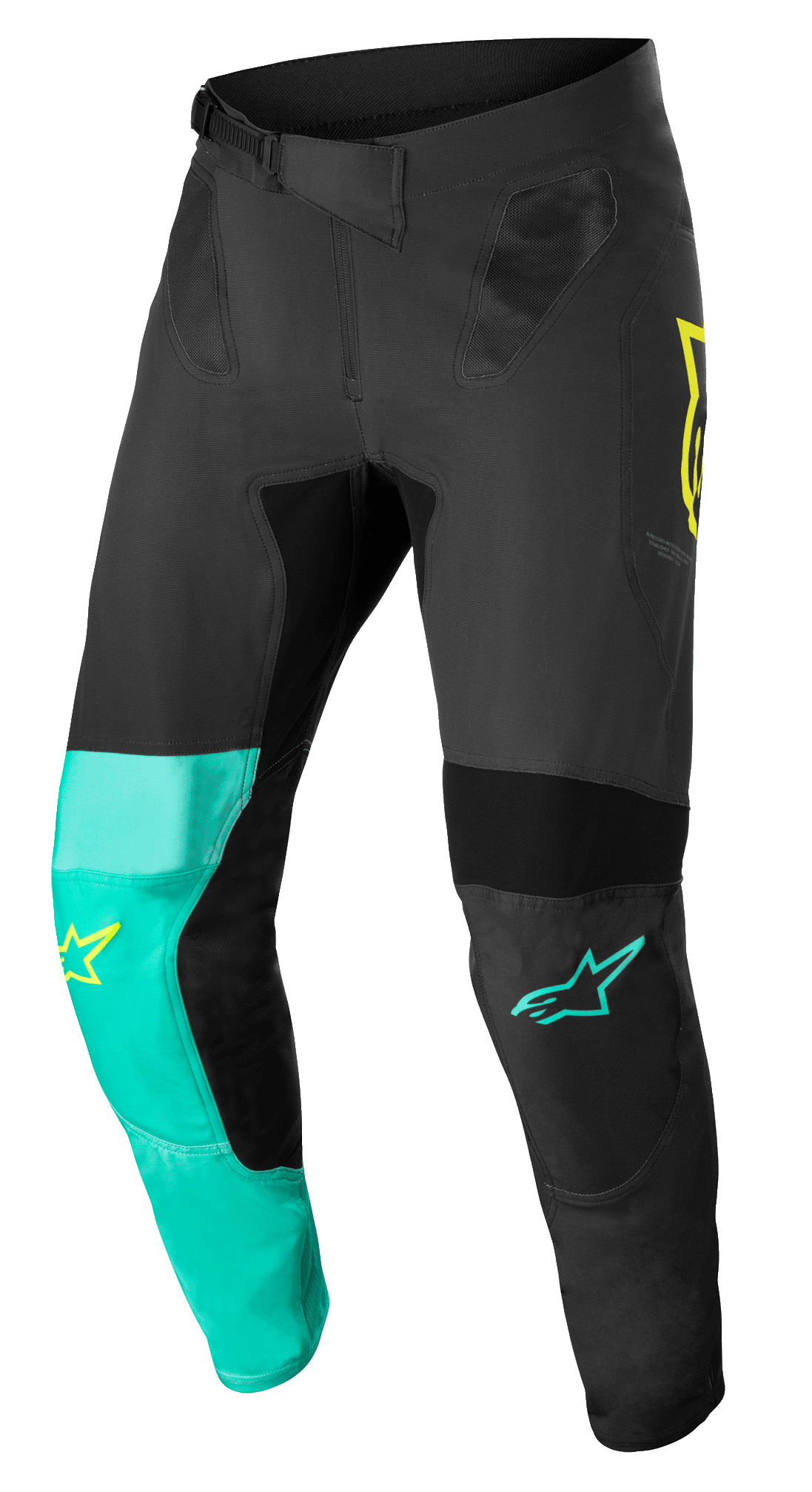 Alpinestars Supertech Blaze Pants, pantalones de motocross, en negro, verde pastel y amarillo flúor, con paneles asimétricos en las piernas, logos de estrella amarillos y turquesas, inserciones de ventilación de malla y cinturón de ajuste de trinquete para carreras off-road