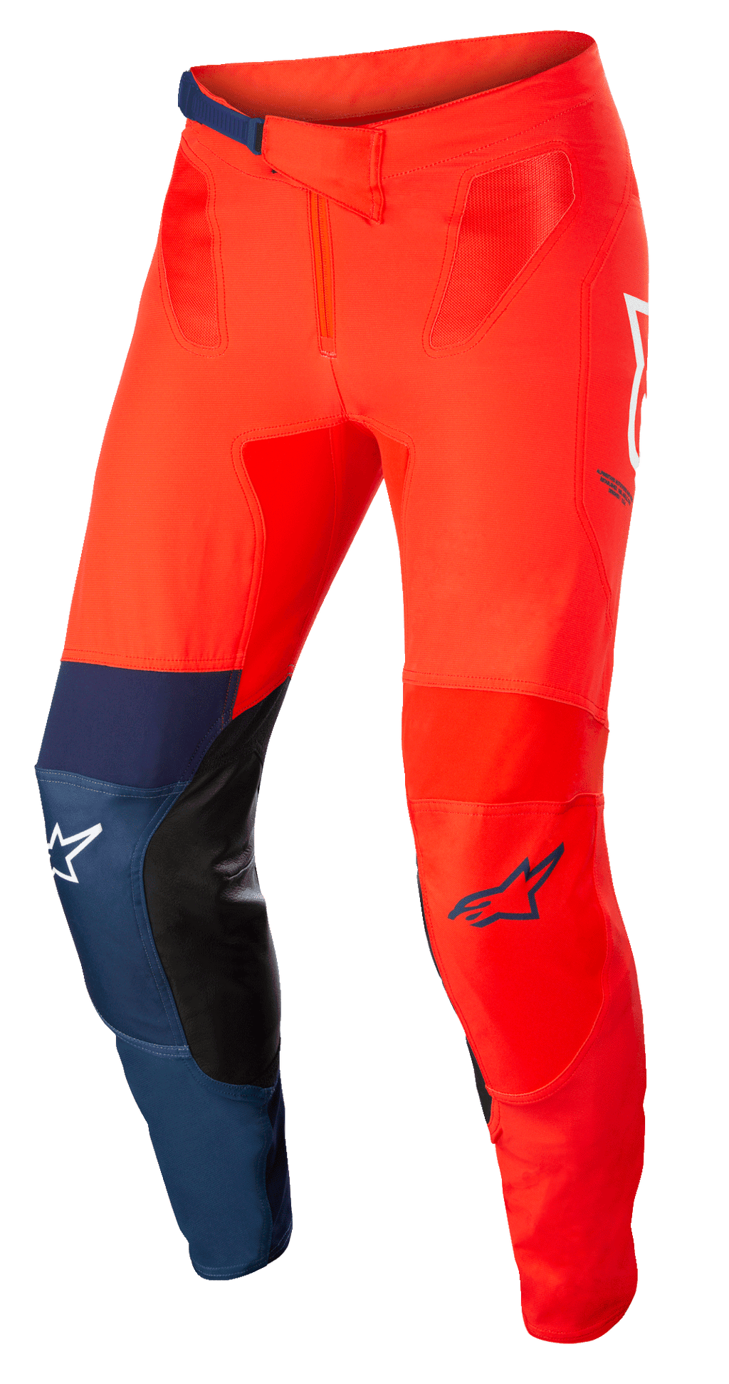 Alpinestars Supertech Blaze Pants, pantalones de motocross todoterreno, rojo brillante y azul oscuro con detalles blancos, parches interiores de cuero negro en las rodillas, cierre de cintura con trinquete ajustable, logotipos de Alpinestars en blanco y azul, construcción elástica duradera para carreras de motocross