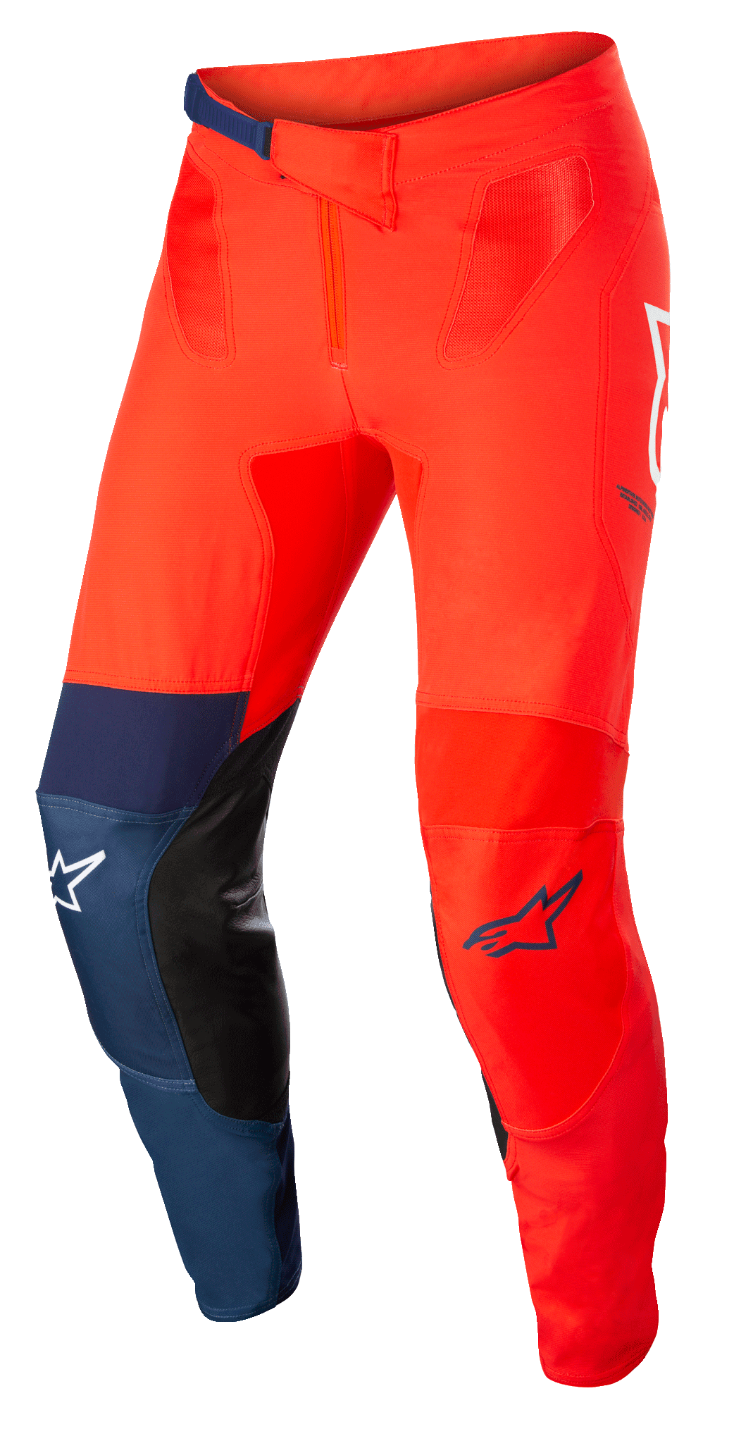Alpinestars Supertech Blaze Pants, pantalones de motocross todoterreno, rojo brillante y azul oscuro con detalles blancos, parches interiores de cuero negro en las rodillas, cierre de cintura con trinquete ajustable, logotipos de Alpinestars en blanco y azul, construcción elástica duradera para carreras de motocross