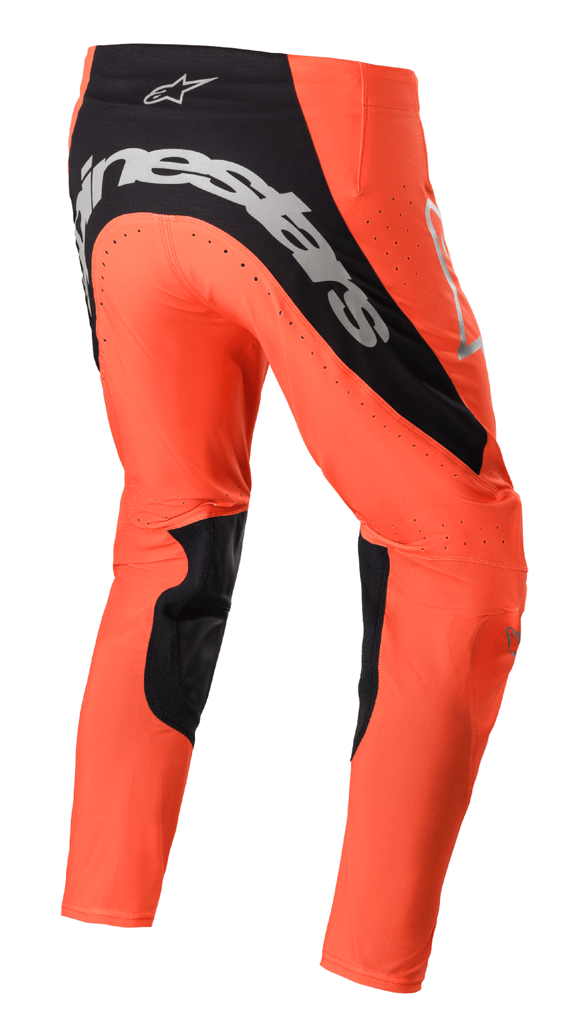 Alpinestars Supertech Risen 2023, pantalones de motocross, color naranja brillante y negro, vista trasera con logotipo plateado en el asiento, paneles interiores de las piernas en negro y zonas de ventilación perforadas para carreras todoterreno