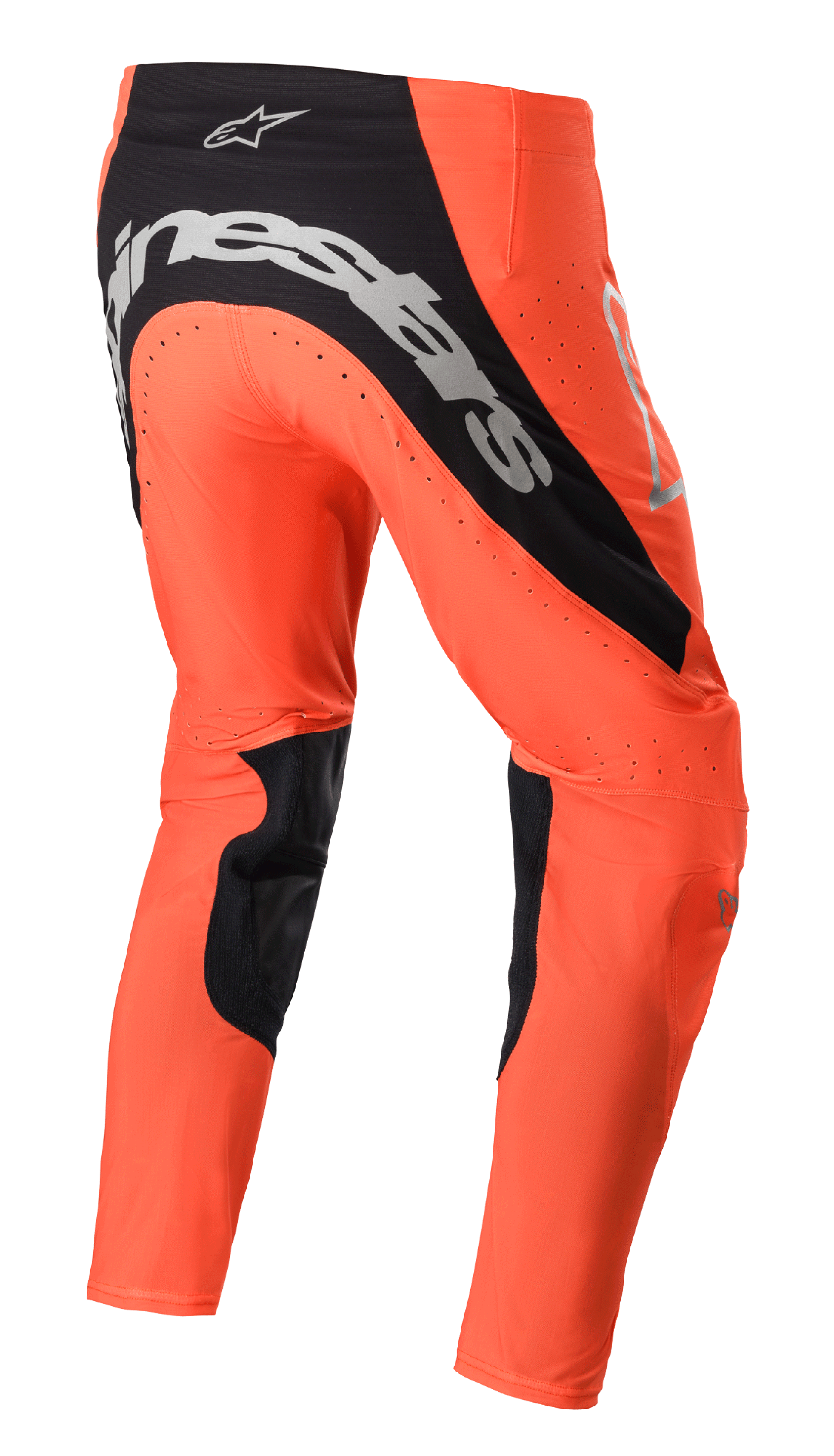 Alpinestars Supertech Risen 2023, pantalones de motocross, color naranja brillante y negro, vista trasera con logotipo plateado en el asiento, paneles interiores de las piernas en negro y zonas de ventilación perforadas para carreras todoterreno