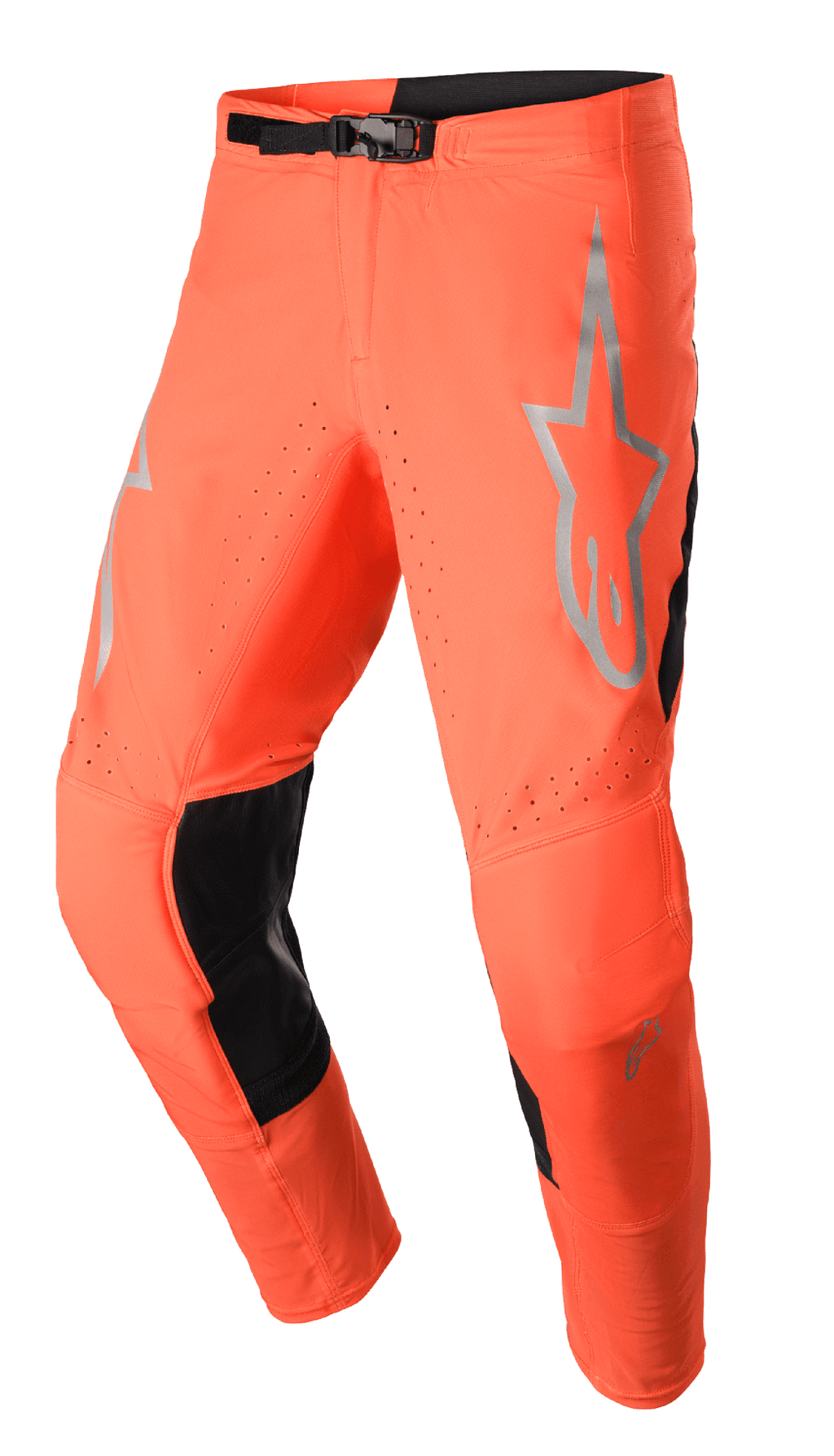 Pantalones Alpinestars Supertech Risen 2023, pantalones de motocross, naranja brillante y negro, con logotipo de estrella gris en el muslo, cierre de hebilla ajustable, zonas de ventilación perforadas y paneles internos de la pierna reforzados en negro