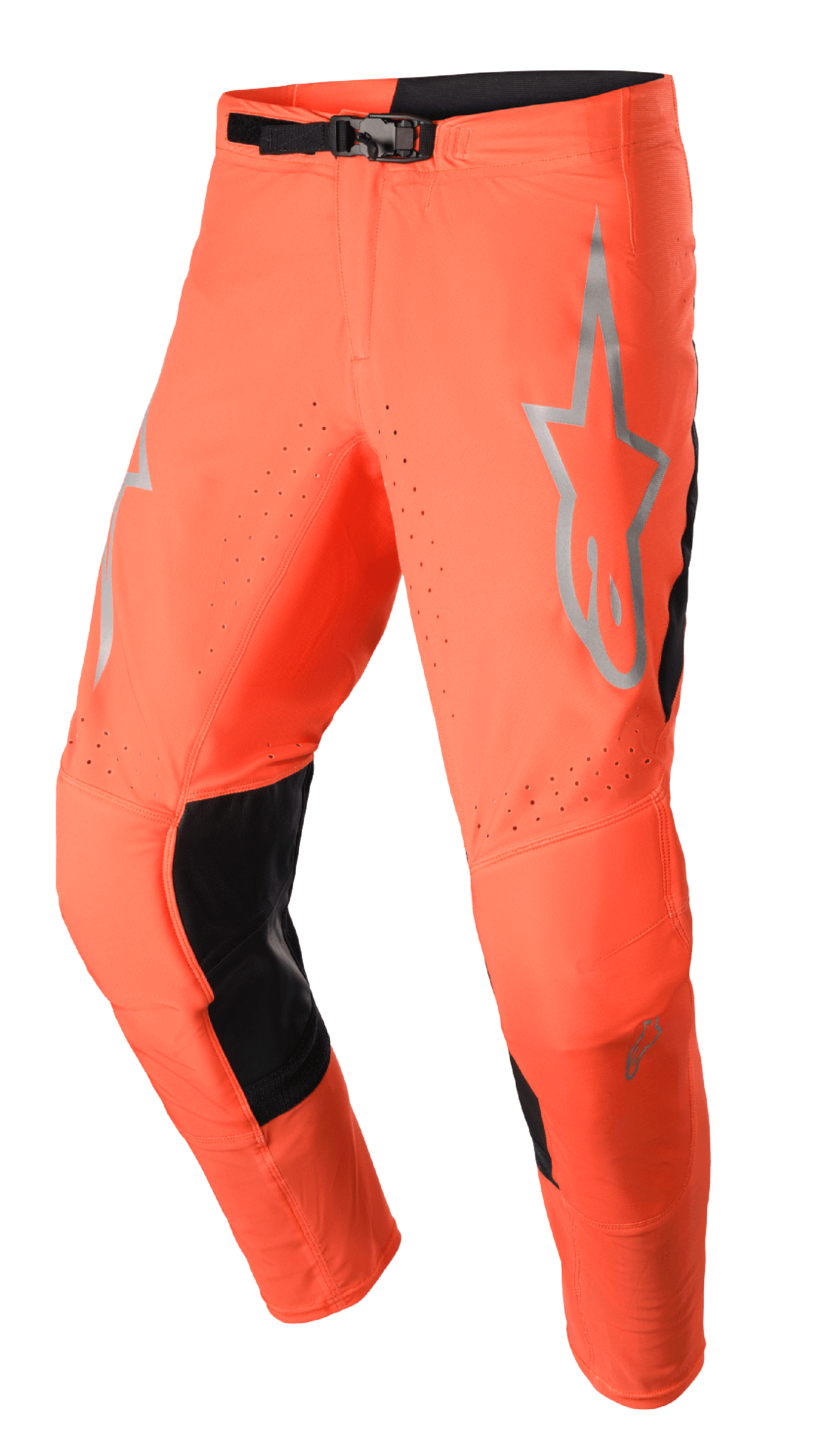 Pantalones Alpinestars Supertech Risen 2023, pantalones de motocross, naranja brillante y negro, con logotipo de estrella gris en el muslo, cierre de hebilla ajustable, zonas de ventilación perforadas y paneles internos de la pierna reforzados en negro