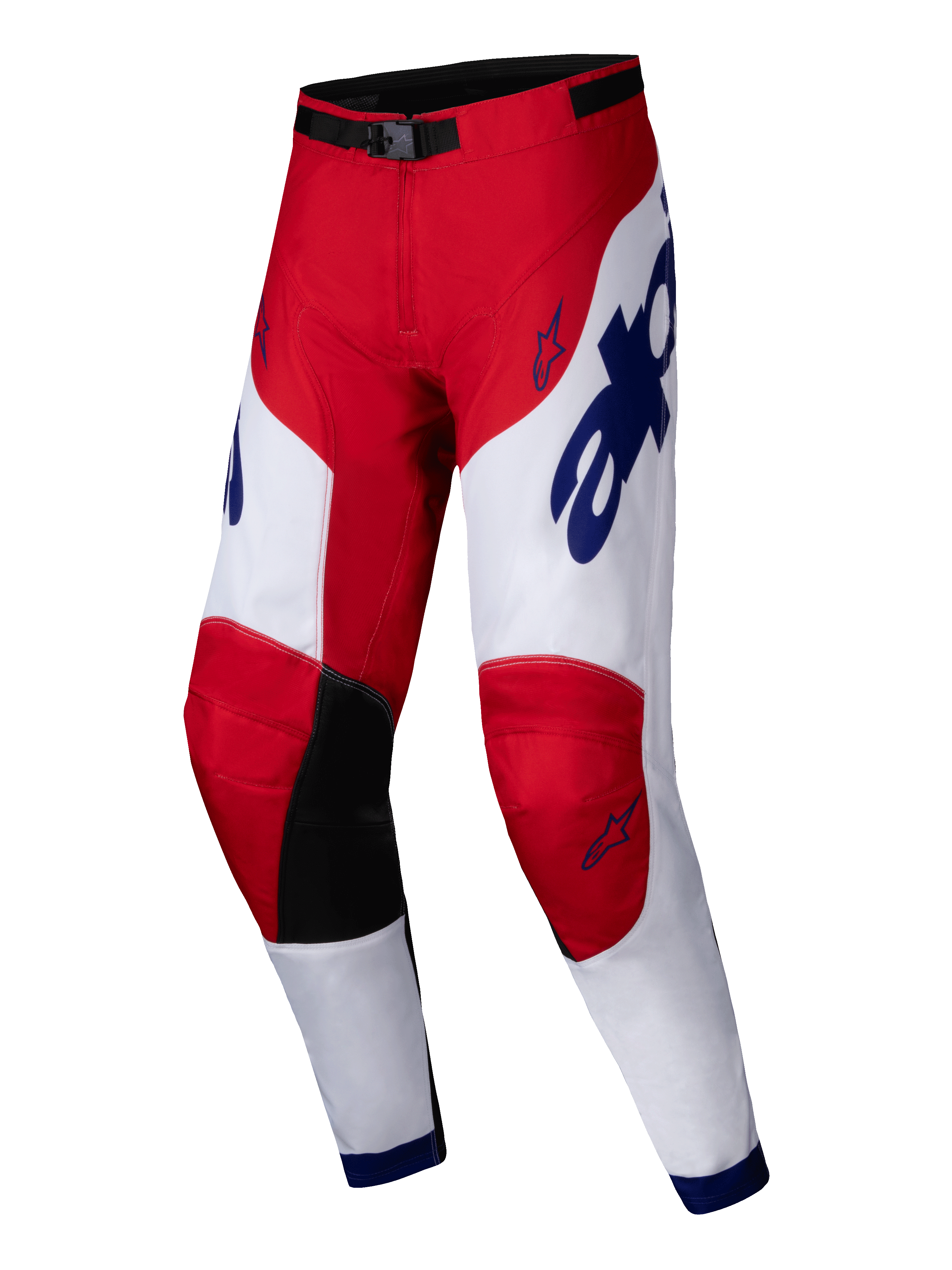 Alpinestars 2025 Racer Veil Pants, pantalones de motocross, rojo brillante y blanco con detalles azules, paneles interiores negros en las rodillas, diseño ergonómico precurvado, logotipos de estrella y marca llamativa, equipamiento duradero para carreras off-road