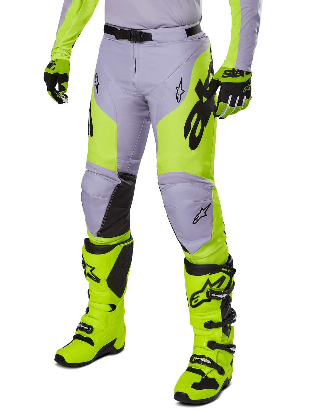 Alpinestars 2025 Racer Veil Pants, Motocross Pants, Gray and Neon Yellow Fluo, featuring black star logos and adjustable waist belt, shown with matching motocross boots and gloves, ergonomic design for off-road riding