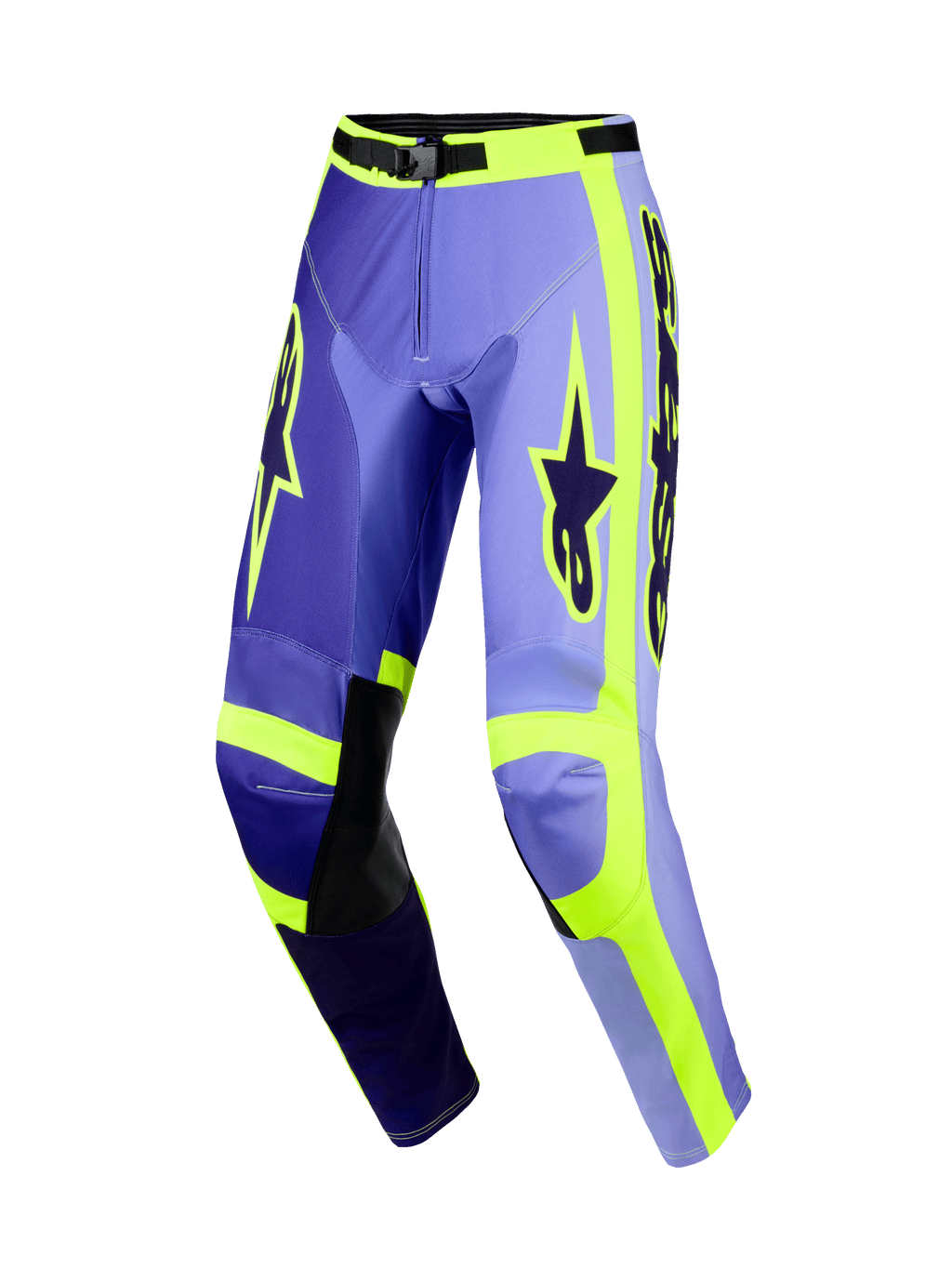 Alpinestars 2026 Racer Portl Pants, pantalones de motocross para hombre, color morado y amarillo fluorescente, con paneles morados multitono y detalles en amarillo neón, parches interiores de cuero negro en las rodillas, logotipos distintivos de Alpinestars en los muslos y diseño ergonómico precurvado para carreras off-road.