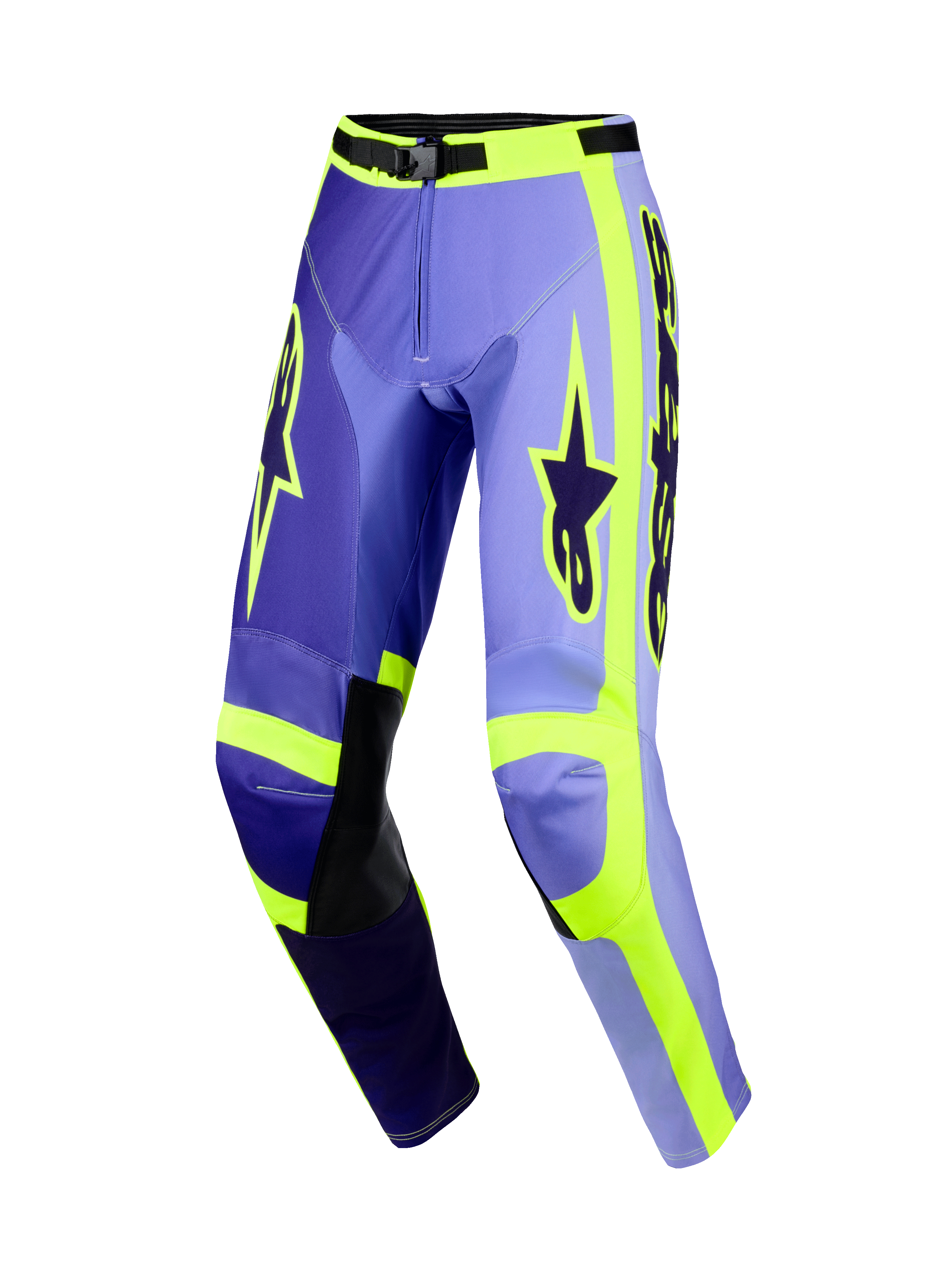 Alpinestars 2026 Racer Portl Pants, pantalones de motocross para hombre, color morado y amarillo fluorescente, con paneles morados multitono y detalles en amarillo neón, parches interiores de cuero negro en las rodillas, logotipos distintivos de Alpinestars en los muslos y diseño ergonómico precurvado para carreras off-road.