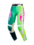 Pantalones Alpinestars Racer Portl 2026, pantalones de motocross, verdes y blancos con logotipos rosa vibrante, diseño degradado de verde azulado a verde neón, rodillas interiores reforzadas y hebilla de cintura segura para carreras todoterreno