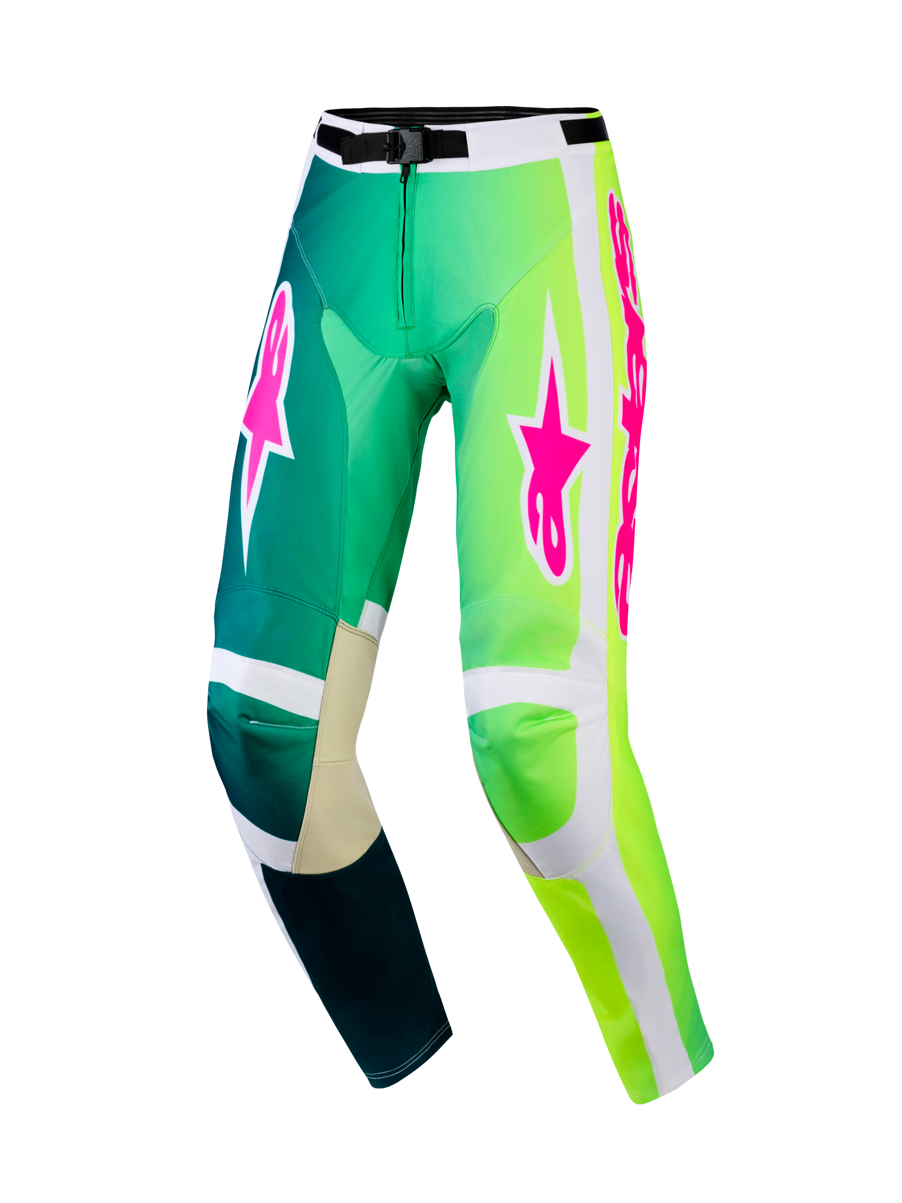 Pantalones Alpinestars Racer Portl 2026, pantalones de motocross, verdes y blancos con logotipos rosa vibrante, diseño degradado de verde azulado a verde neón, rodillas interiores reforzadas y hebilla de cintura segura para carreras todoterreno