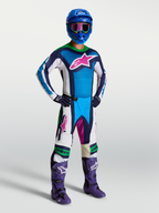 Alpinestars Techstar Maven, pantalones y conjunto de motocross para hombre, azul y blanco con detalles verde flúor.