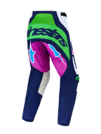 Alpinestars Techstar Maven, pantalones de motocross azul marino y verde flúor con detalles morados y zonas elásticas traseras