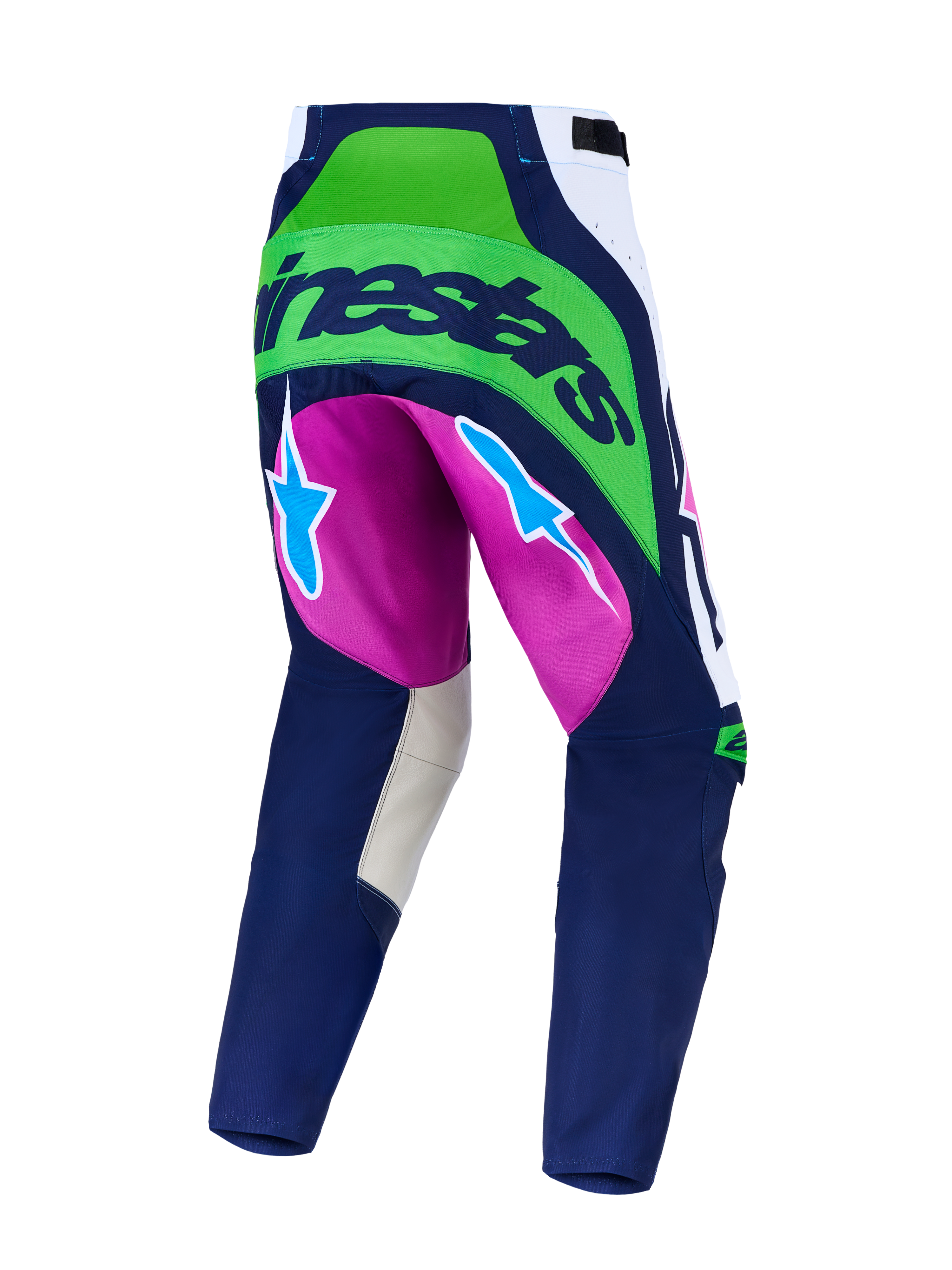 Alpinestars Techstar Maven, pantalones de motocross azul marino y verde flúor con detalles morados y zonas elásticas traseras