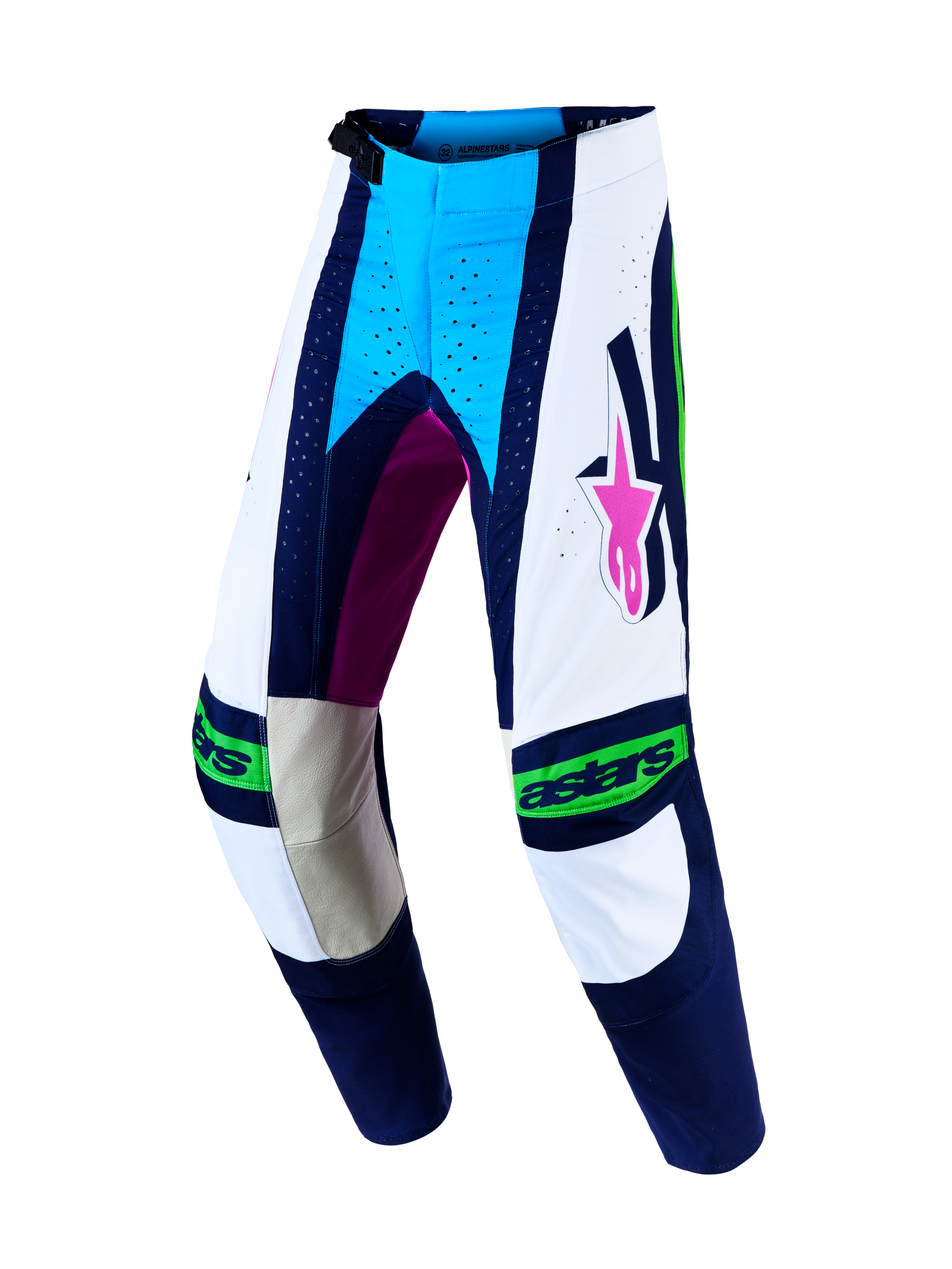 Alpinestars Techstar Maven, pantalones de motocross para hombre, blancos y azules con paneles de cuero y ajuste de carrera.