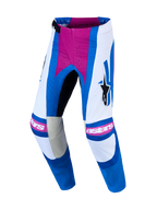Alpinestars Techstar Maven, pantalones de motocross, blancos y azules con rosa coral, poliéster 600D y perforaciones láser