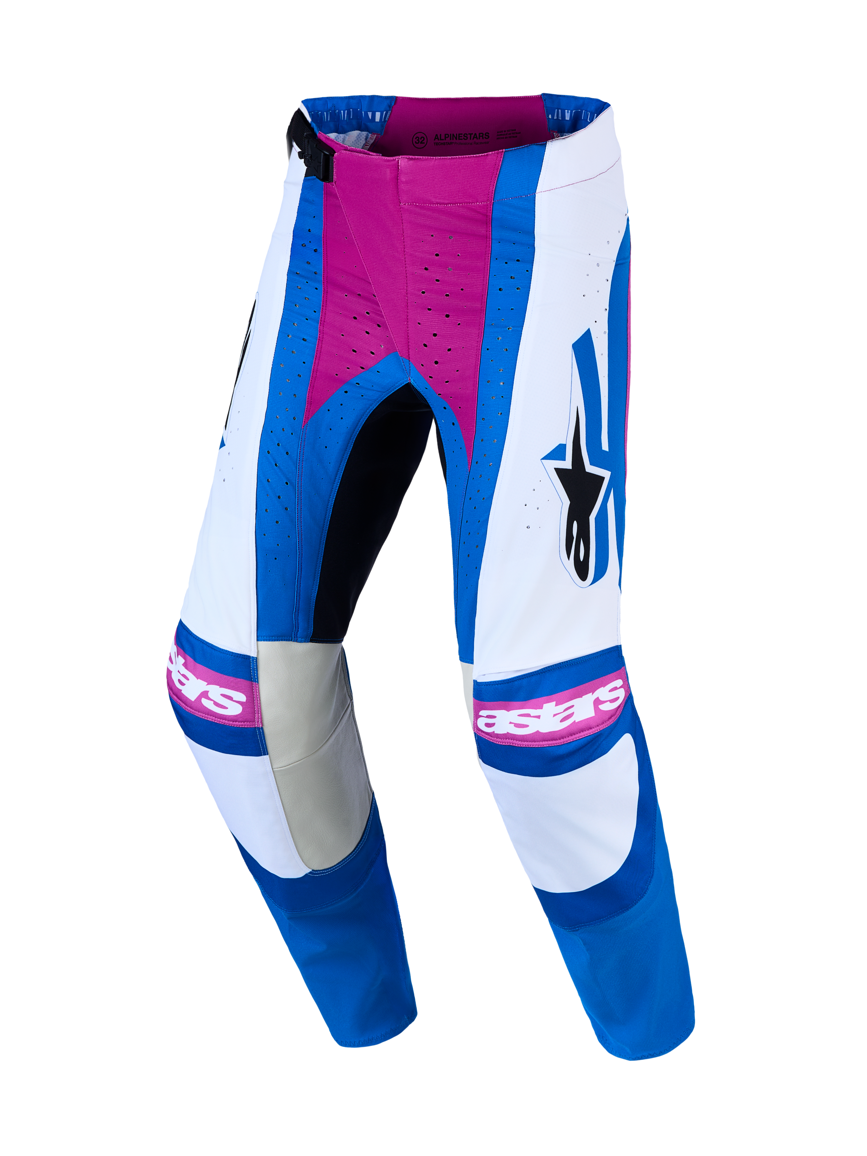 Alpinestars Techstar Maven, pantalones de motocross, blancos y azules con rosa coral, poliéster 600D y perforaciones láser