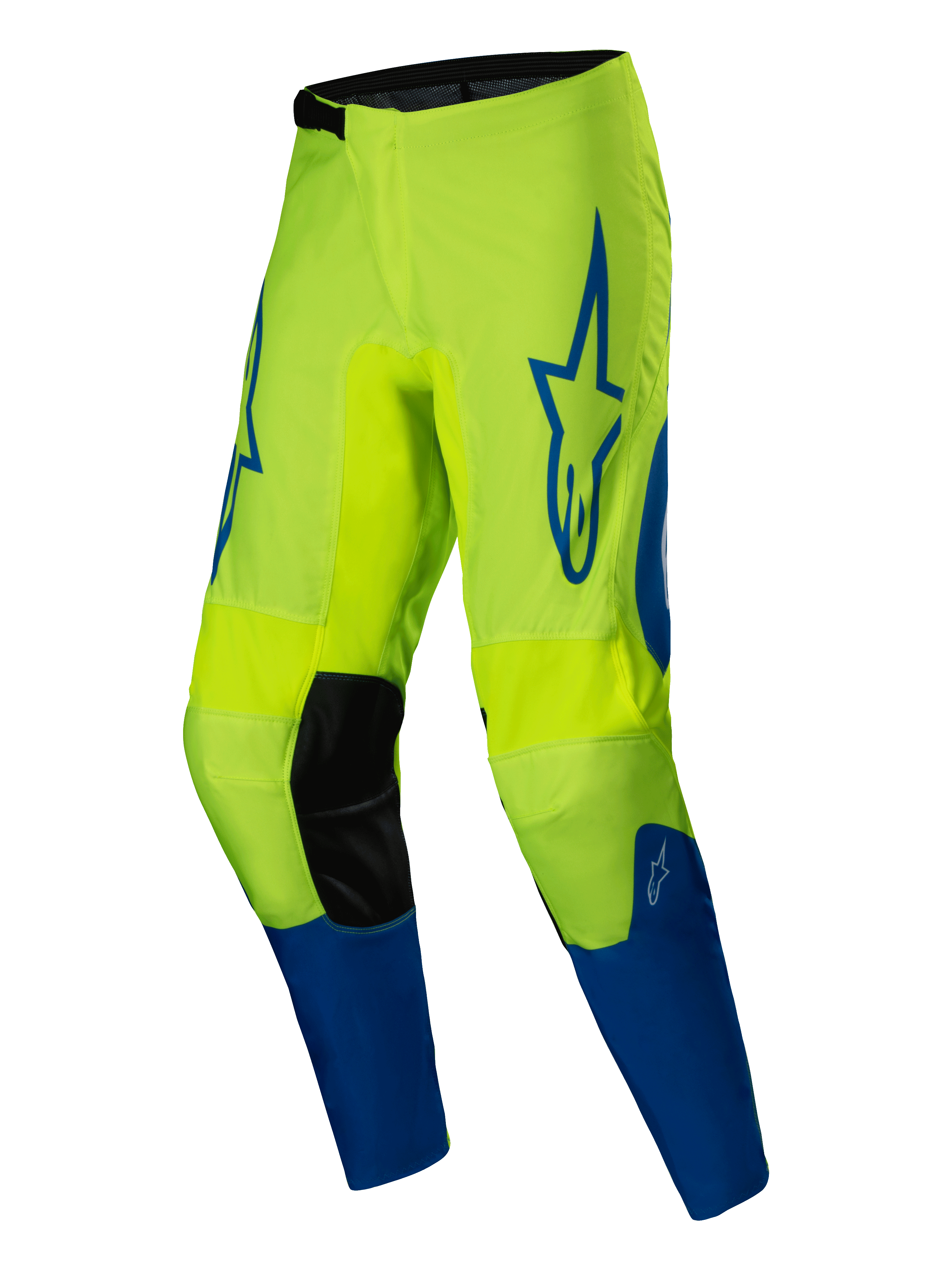 Alpinestars Pantalones Fluid Haul 2025, pantalones de motocross para hombre, amarillo flúor y azul, construcción de politejido 600D con diseño precurvado