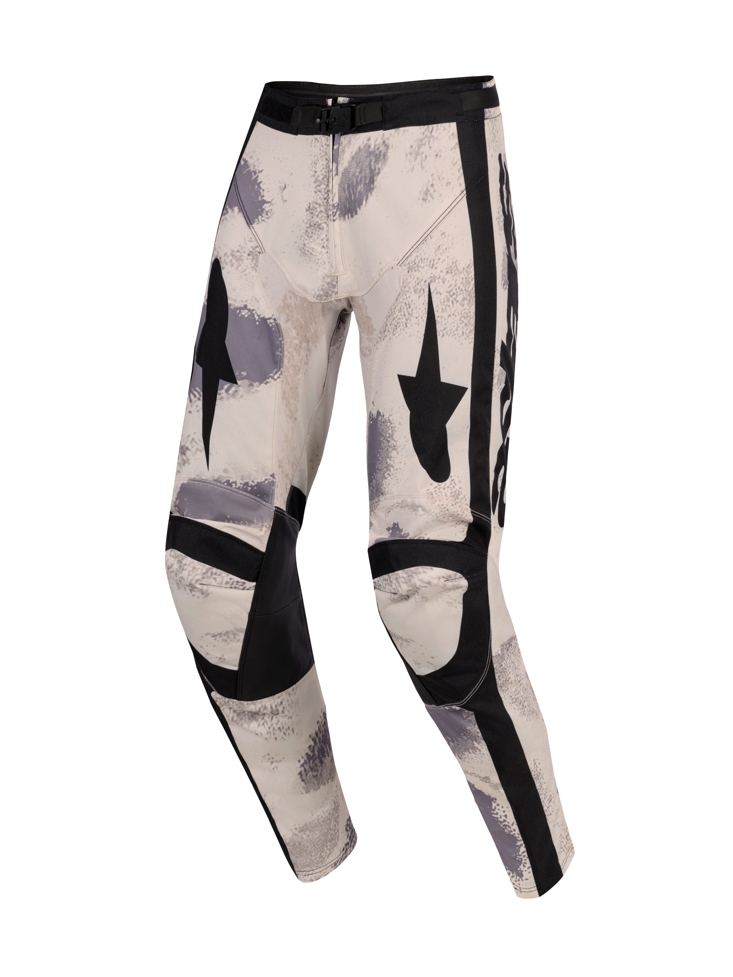 Alpinestars 2026 Racer Lahnd Pants, pantalones de motocross, Sand Camo, con base blanco roto, patrones de pinceladas en gris y negro, gráficos de estrellas negras en los muslos, paneles de rodilla negros reforzados y hebilla de cintura ajustable, diseño ergonómico para carreras off-road
