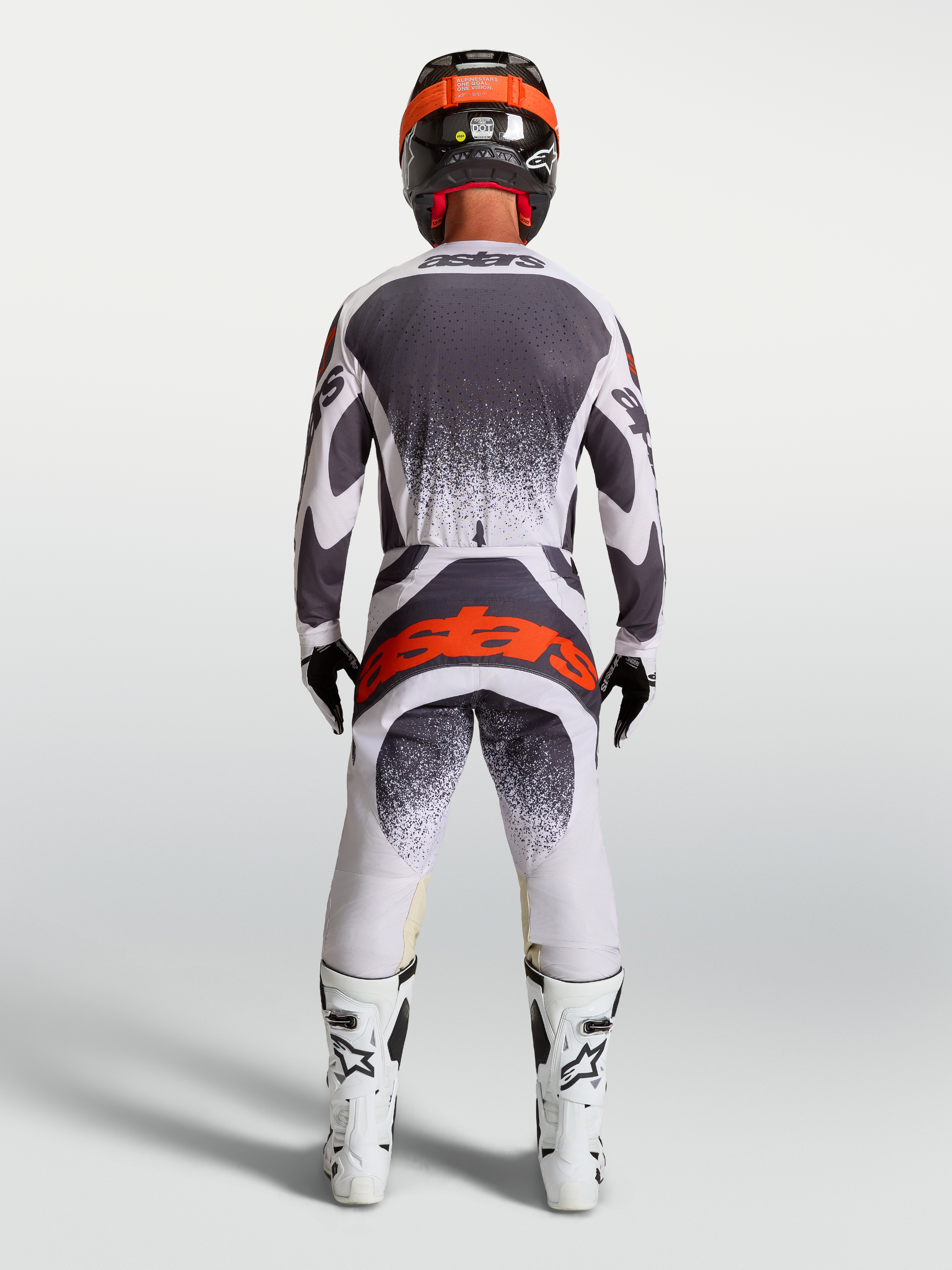 Pantalones Alpinestars Techstar Swan, equipo de motocross para hombre, lila claro y gris oscuro con detalles en rojo flúor, vista trasera