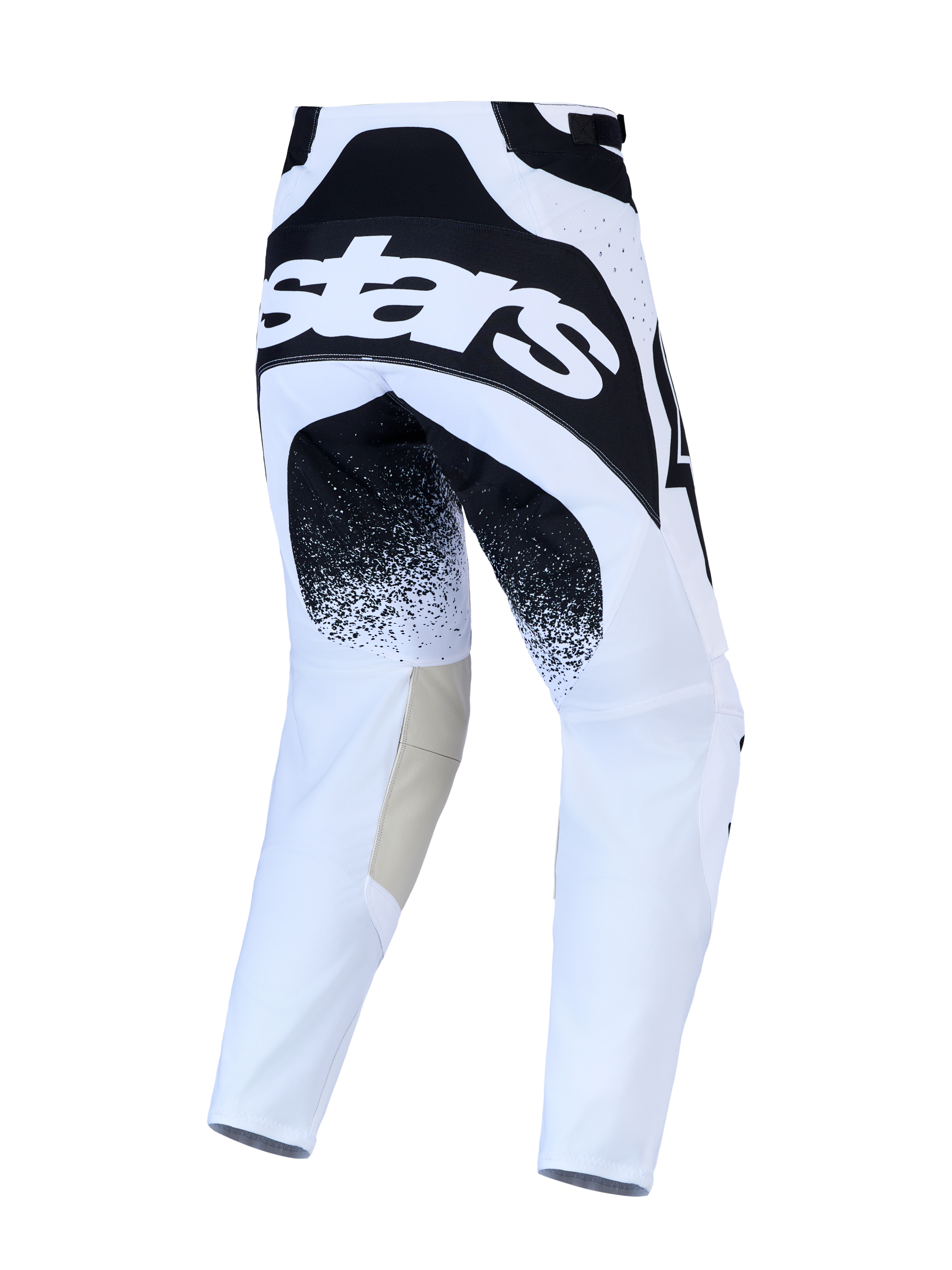 Pantalones Alpinestars Techstar Swan de motocross, blancos y negros, vista trasera con rodillas de cuero y ajuste de carrera