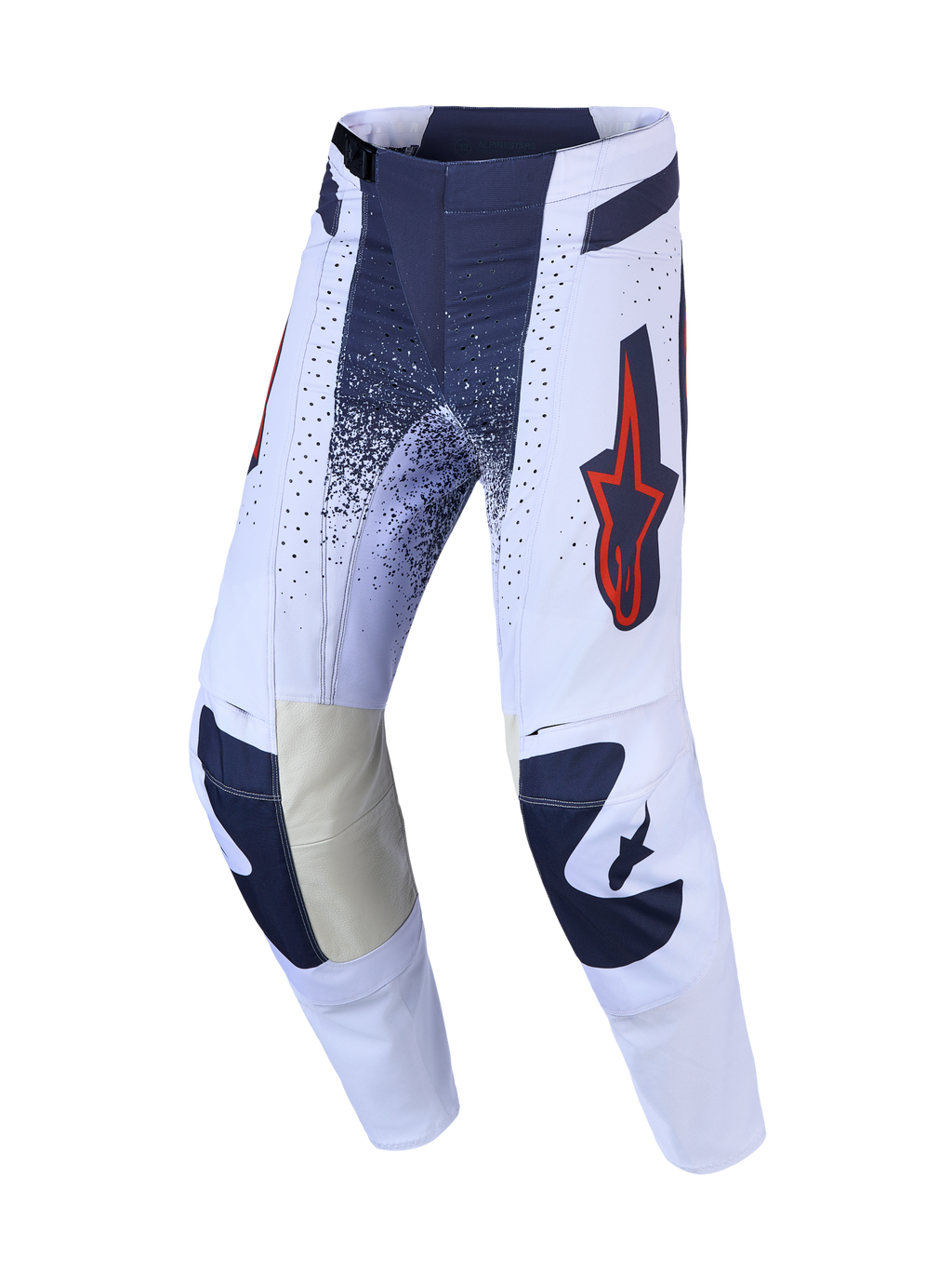 Pantalones Alpinestars Techstar Swan de motocross, lila claro y gris oscuro con detalles rojo flúor y rodillas de cuero.