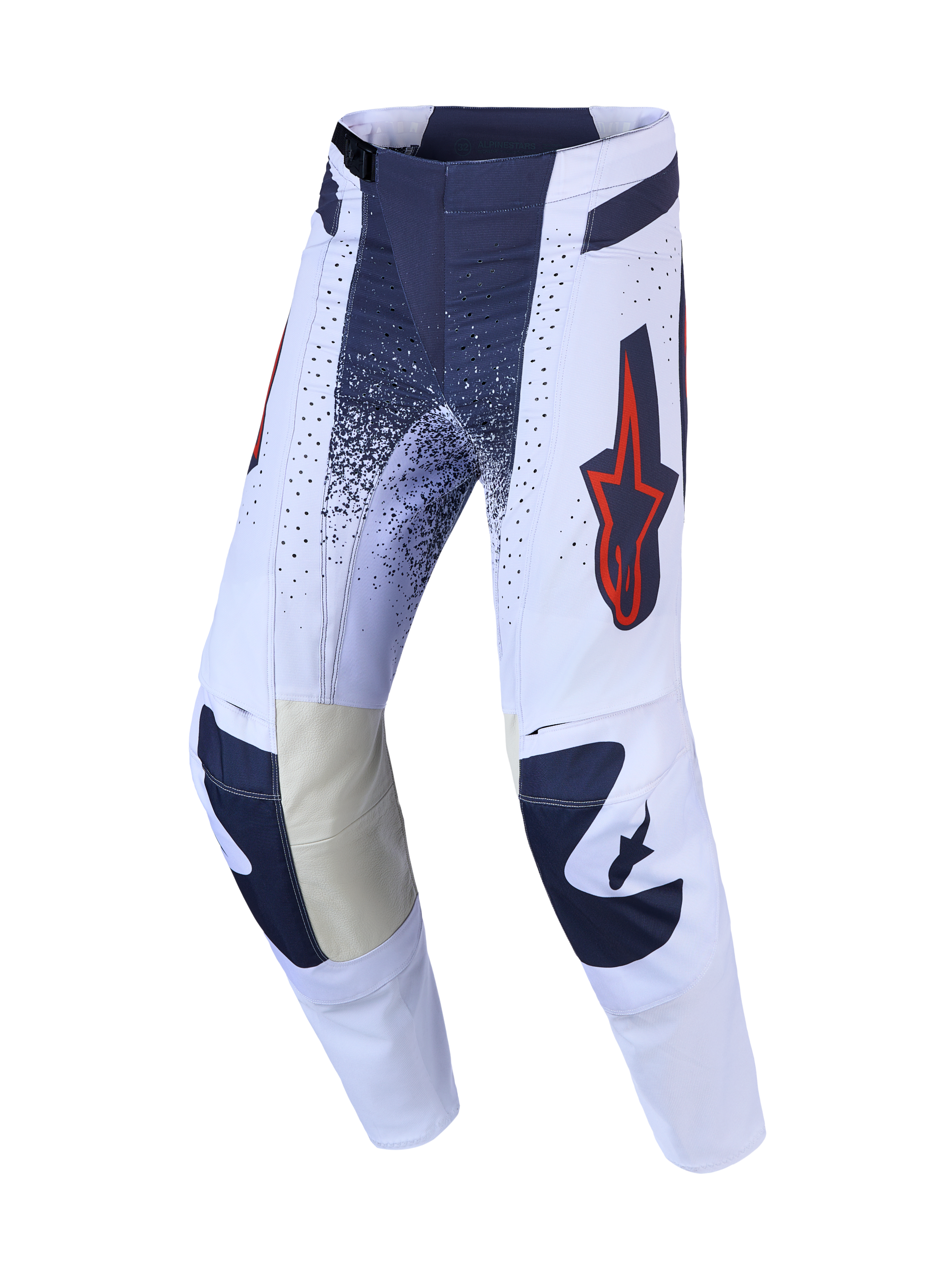Pantalones Alpinestars Techstar Swan de motocross, lila claro y gris oscuro con detalles rojo flúor y rodillas de cuero.