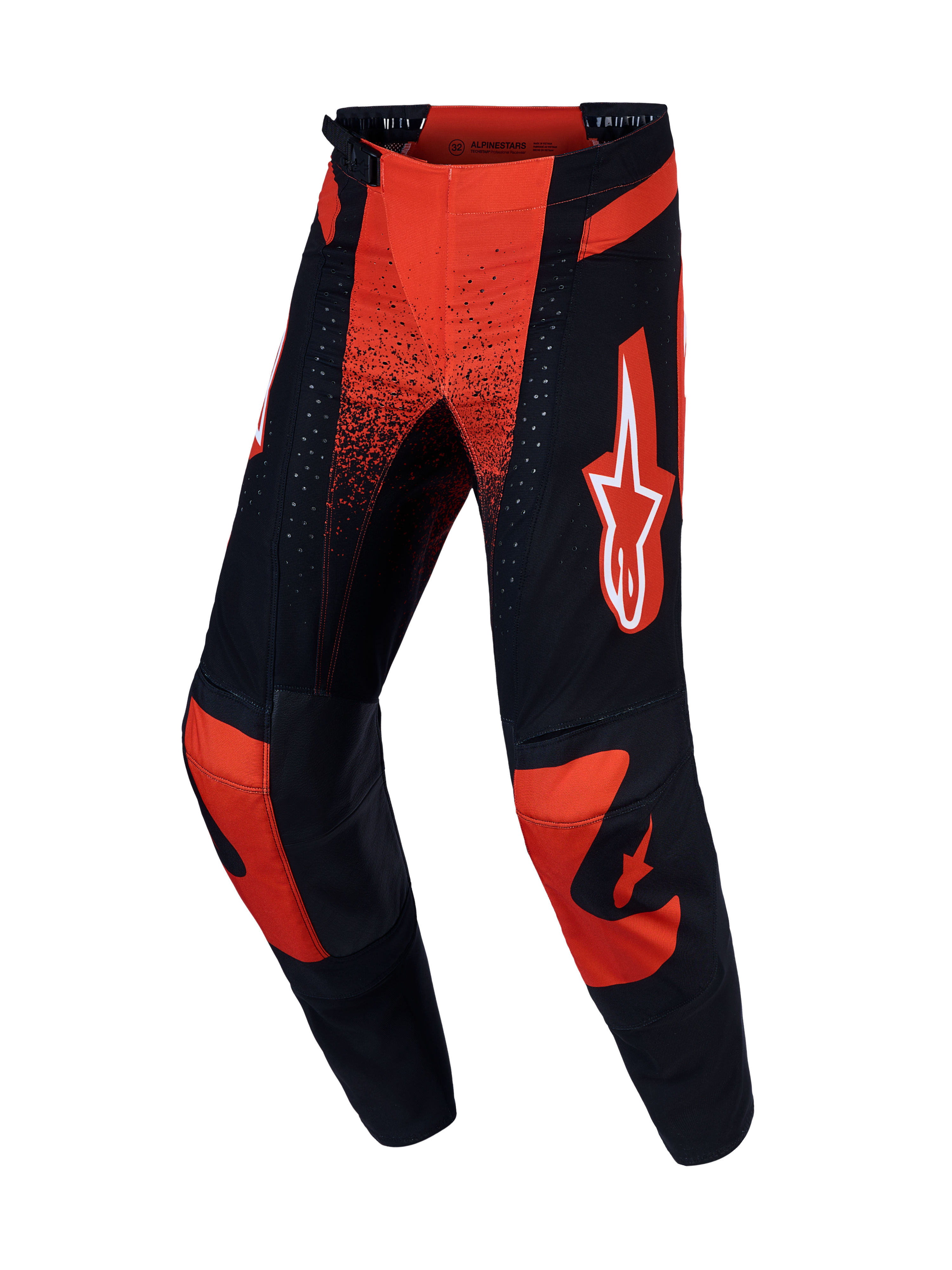 Alpinestars Techstar Swan, pantalones de motocross rojos y negros, chasis elástico y refuerzos de cuero en las rodillas