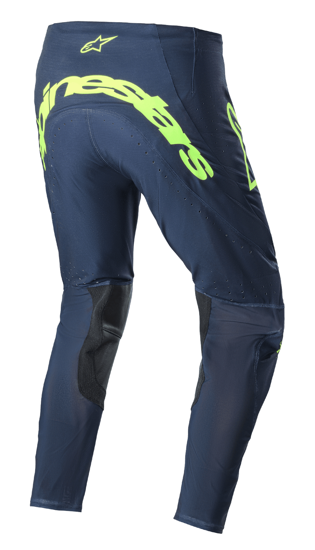 Alpinestars 2023 Supertech Bruin Pants, pantalones de motocross, azul noche y amarillo flúor, vista trasera con el gran logotipo de Alpinestars en amarillo flúor en el asiento, zonas de ventilación perforadas y refuerzos negros en el interior de la pierna.